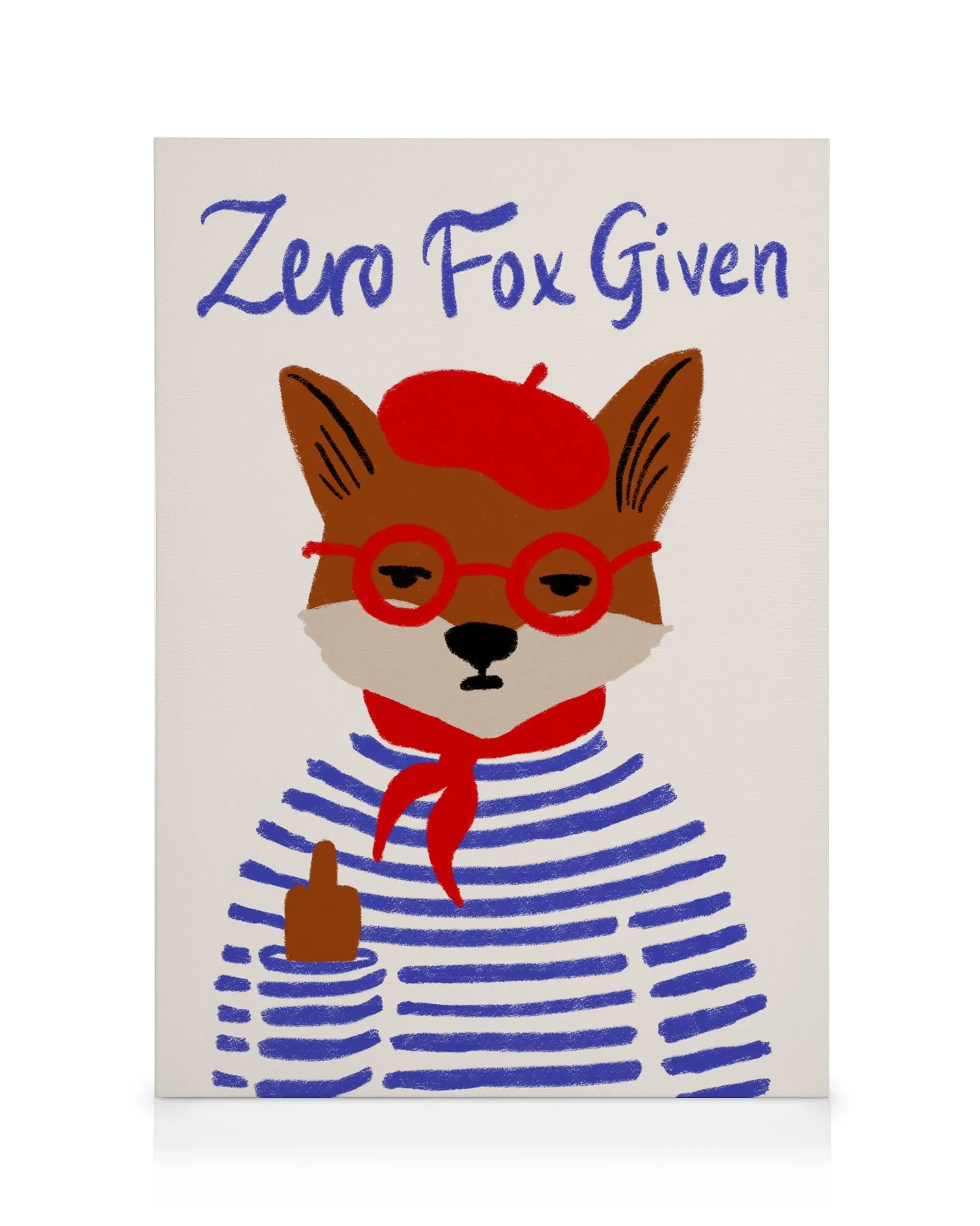 Obraz plátno: Liška v baretce a pruhovaném tričku, ukazuje prostředníček, nahoře text Zero Fox Given.