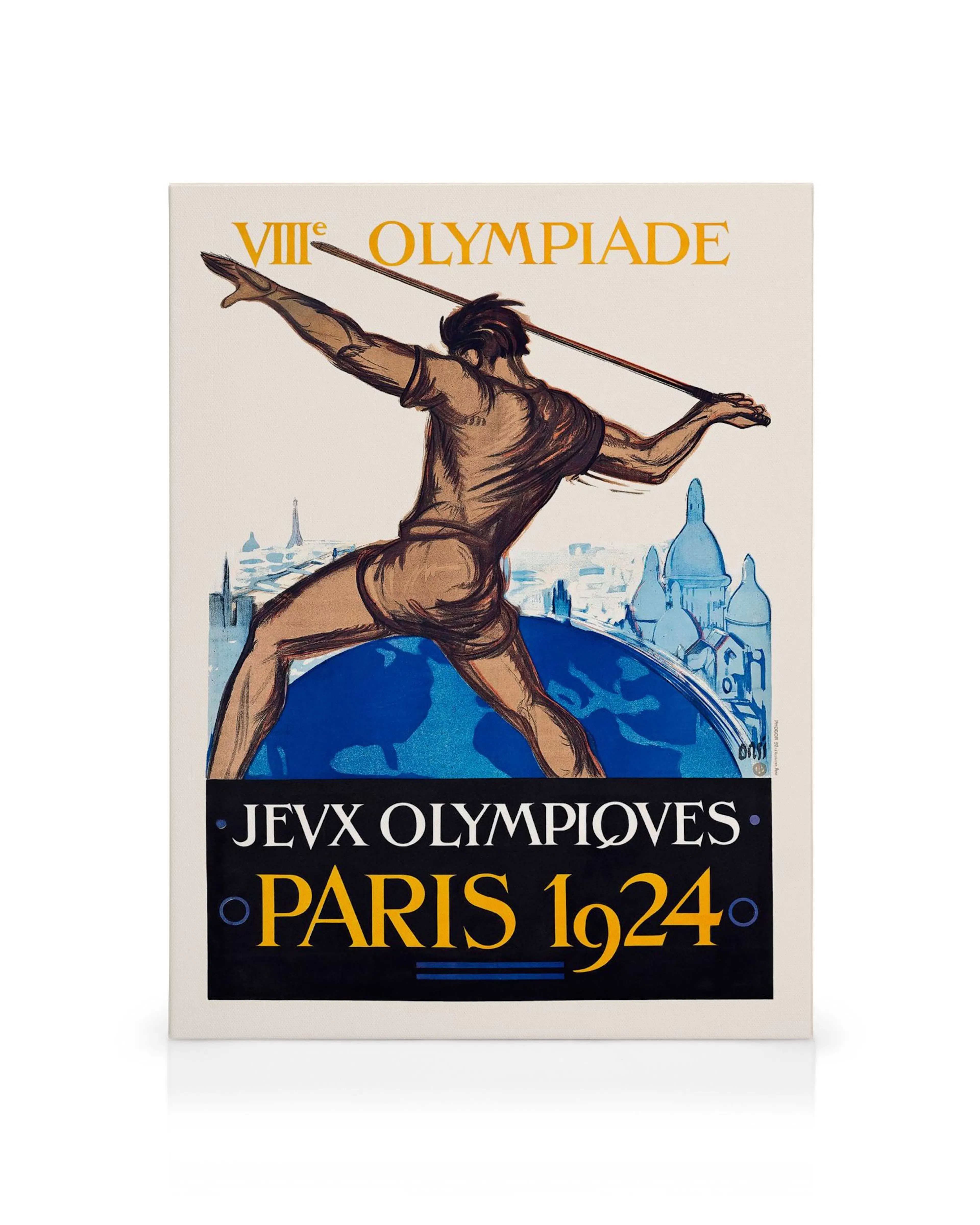 Vintageaffisch för Paris OS 1924 med spjutkastare och stadssilhuett i bakgrunden.
