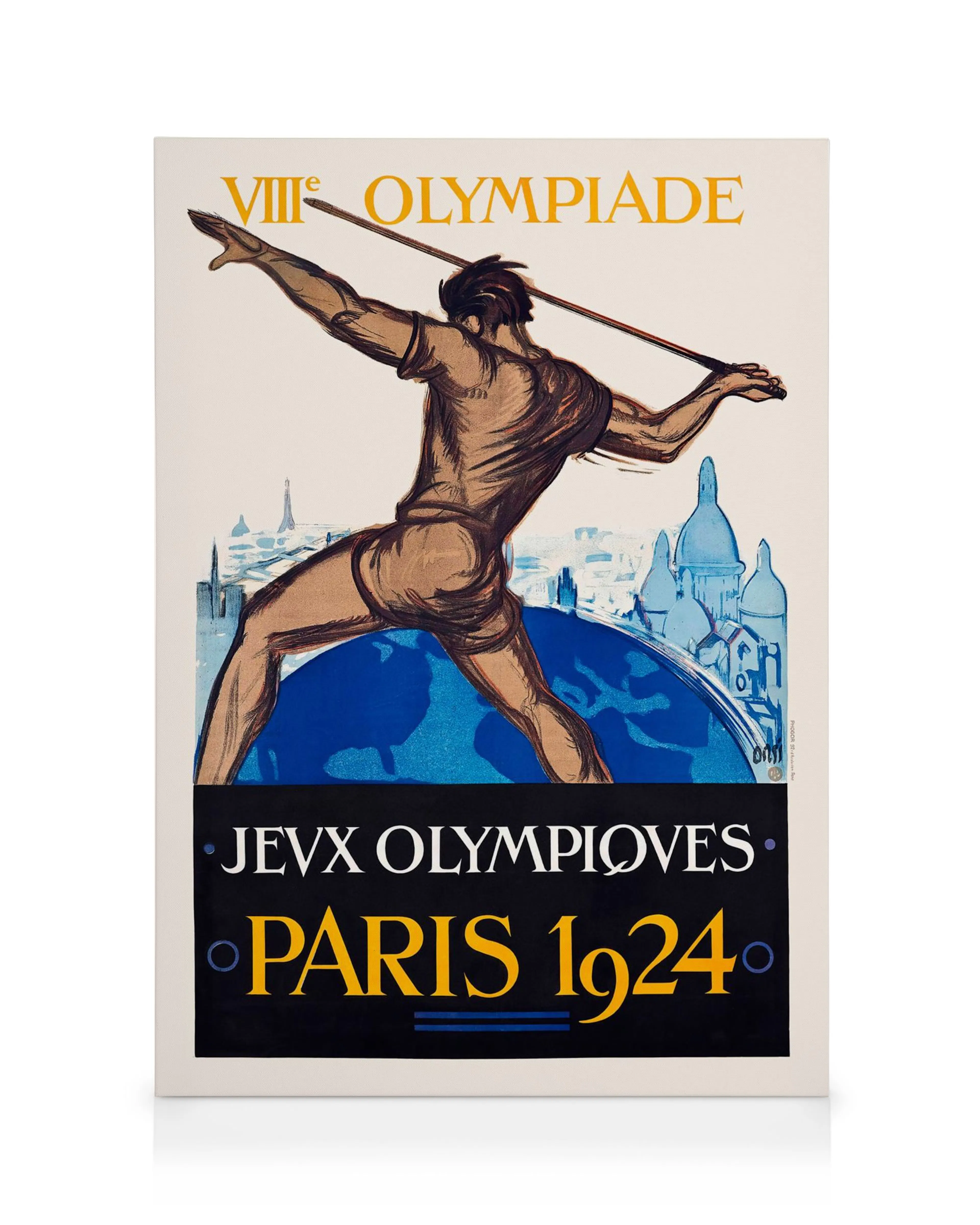 Poster olimpico Parigi 1924 con giavellottista, sfondo blu e scritte vintage.