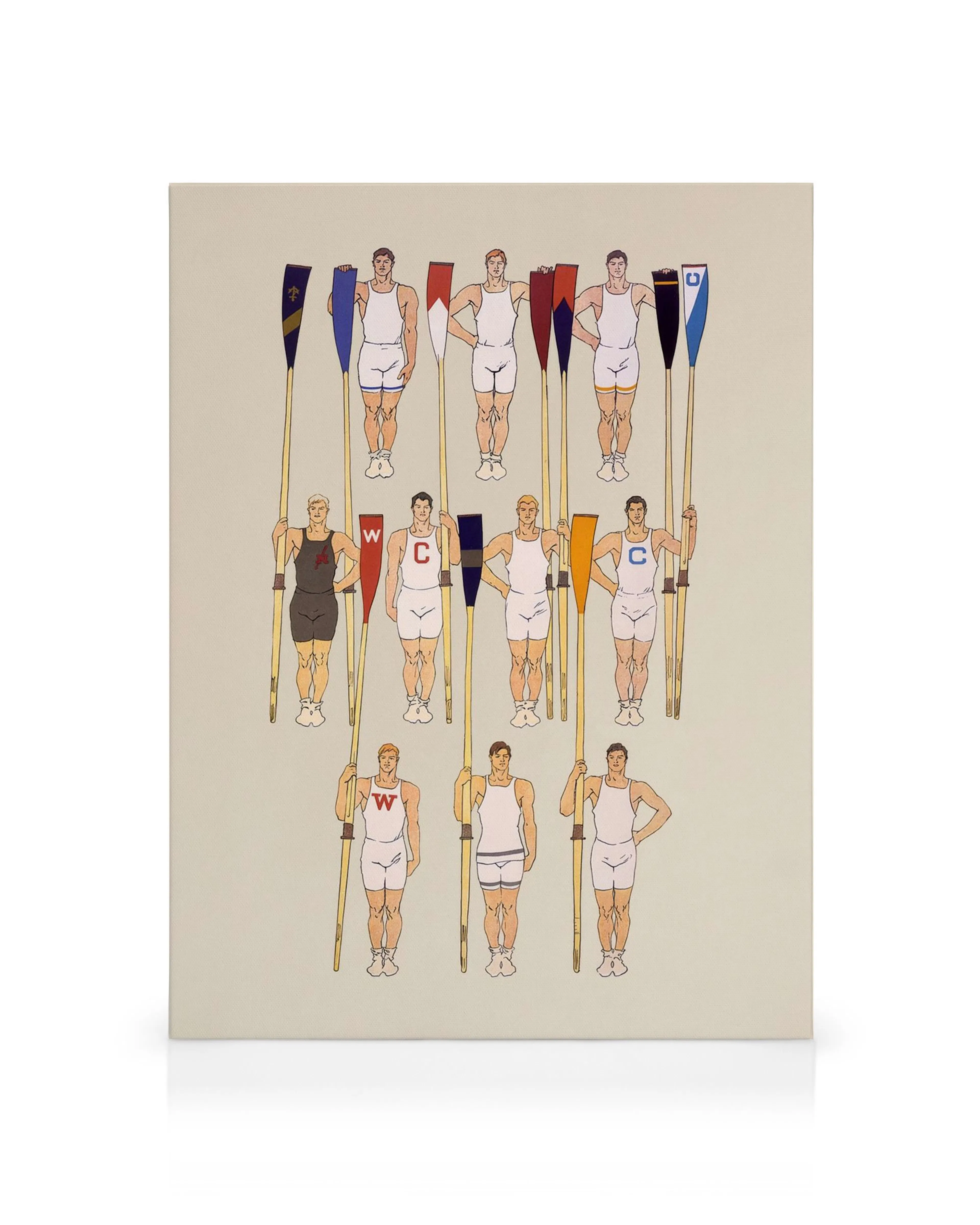 Vintage rowing crew canvas, showing 12 collegiate oarsmen in uniforms holding their teams oars.