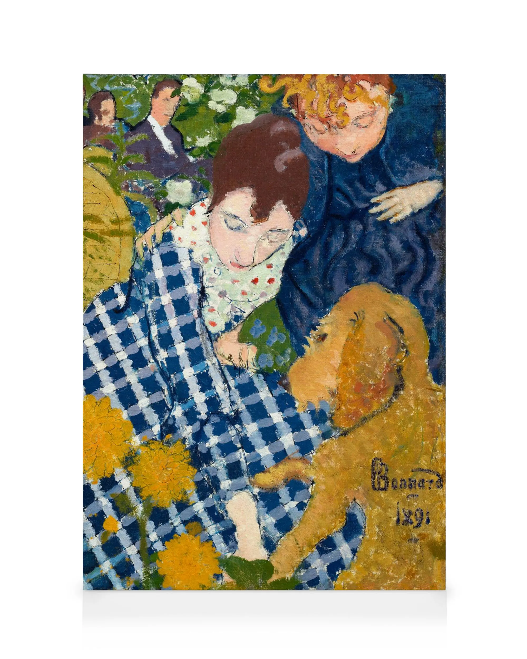 Pierre Bonnard Gemälde: Zwei Frauen und ein brauner Hund in einem Garten mit gelben Blumen, blauer Karierter Stoff.