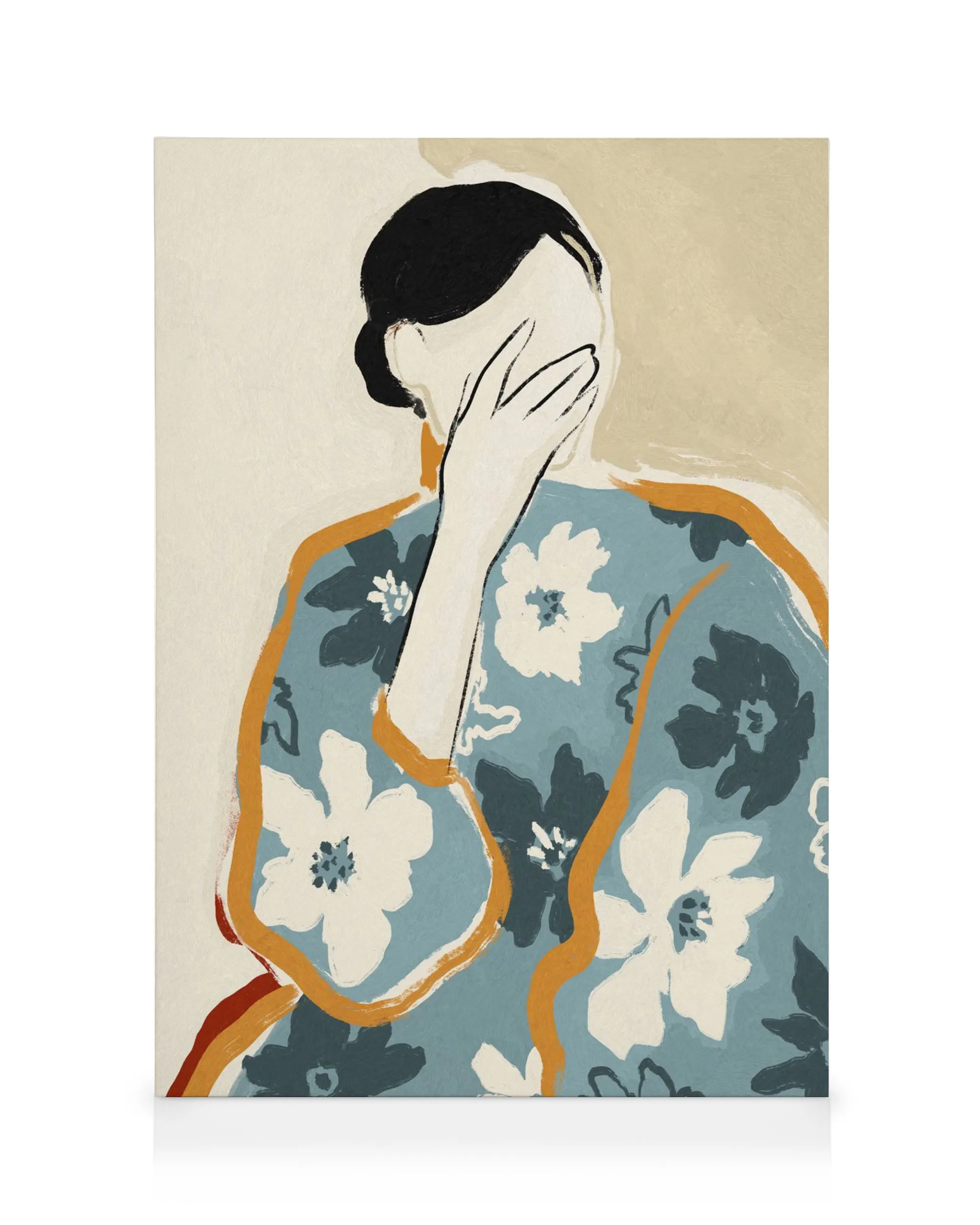 Abstracte illustratie van een vrouw in blauwe bloemenjurk, met hand voor gezicht. Canvas voor expressief interieur.