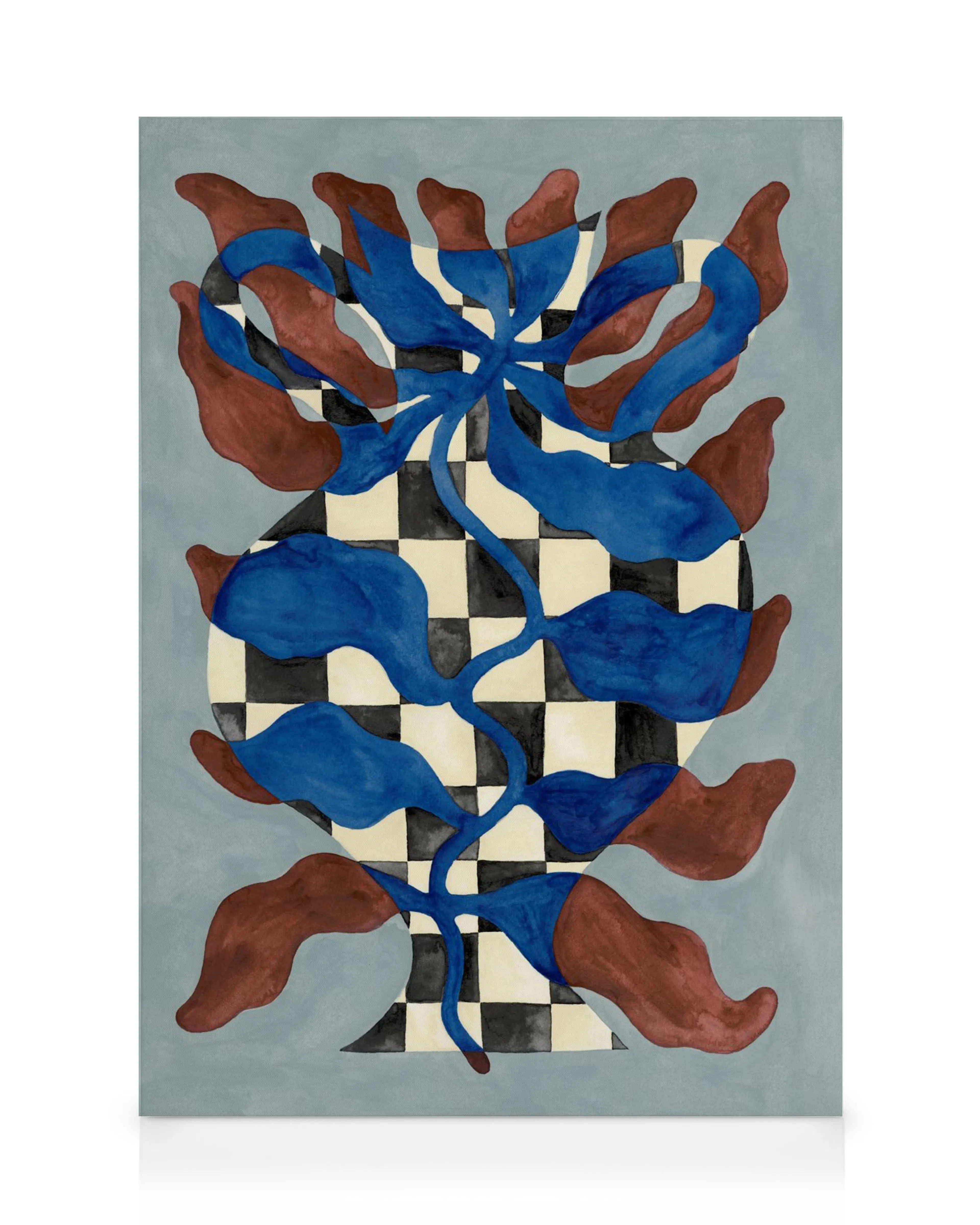 Abstrakti kangasjuliste ruudullisesta maljakosta sinisillä ja ruskeilla kasveilla, Eclectic Curation -kokoelma.