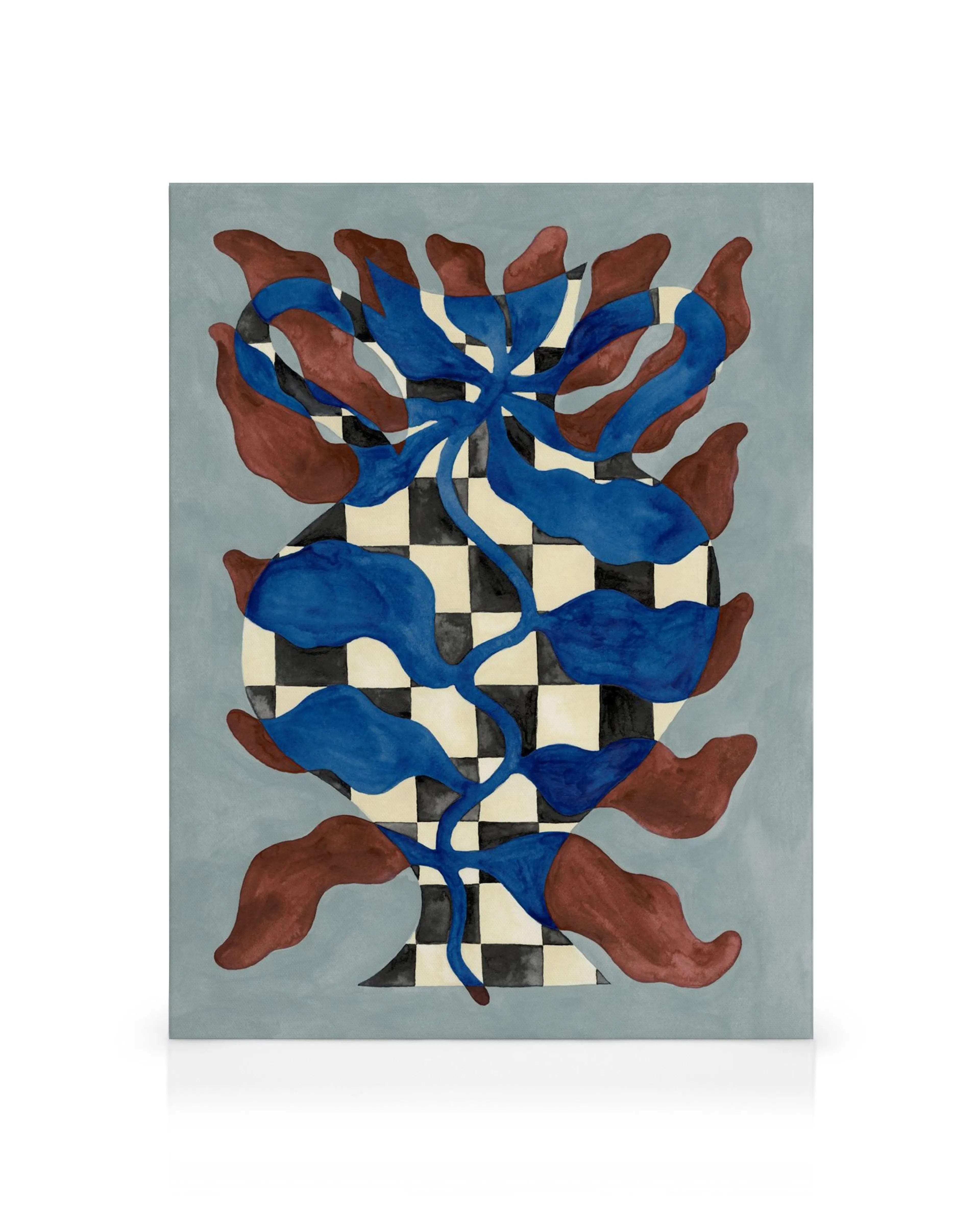 Lienzo de un jarrón a cuadros blancos y negros con elementos botánicos azules y marrones, diseño abstracto.
