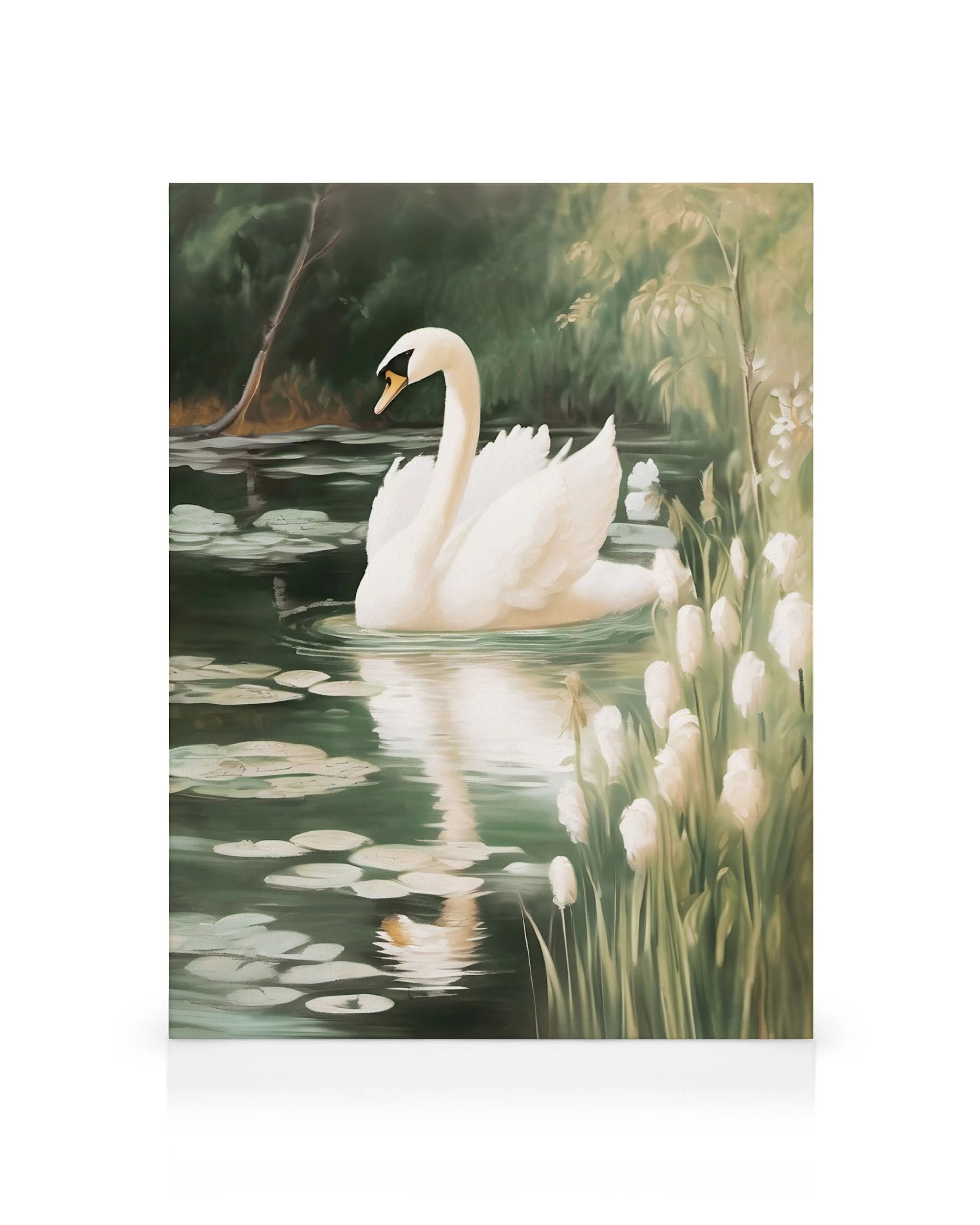 Toile dun cygne blanc majestueux sur un étang vert avec nénuphars et reflets, typographie détaillée