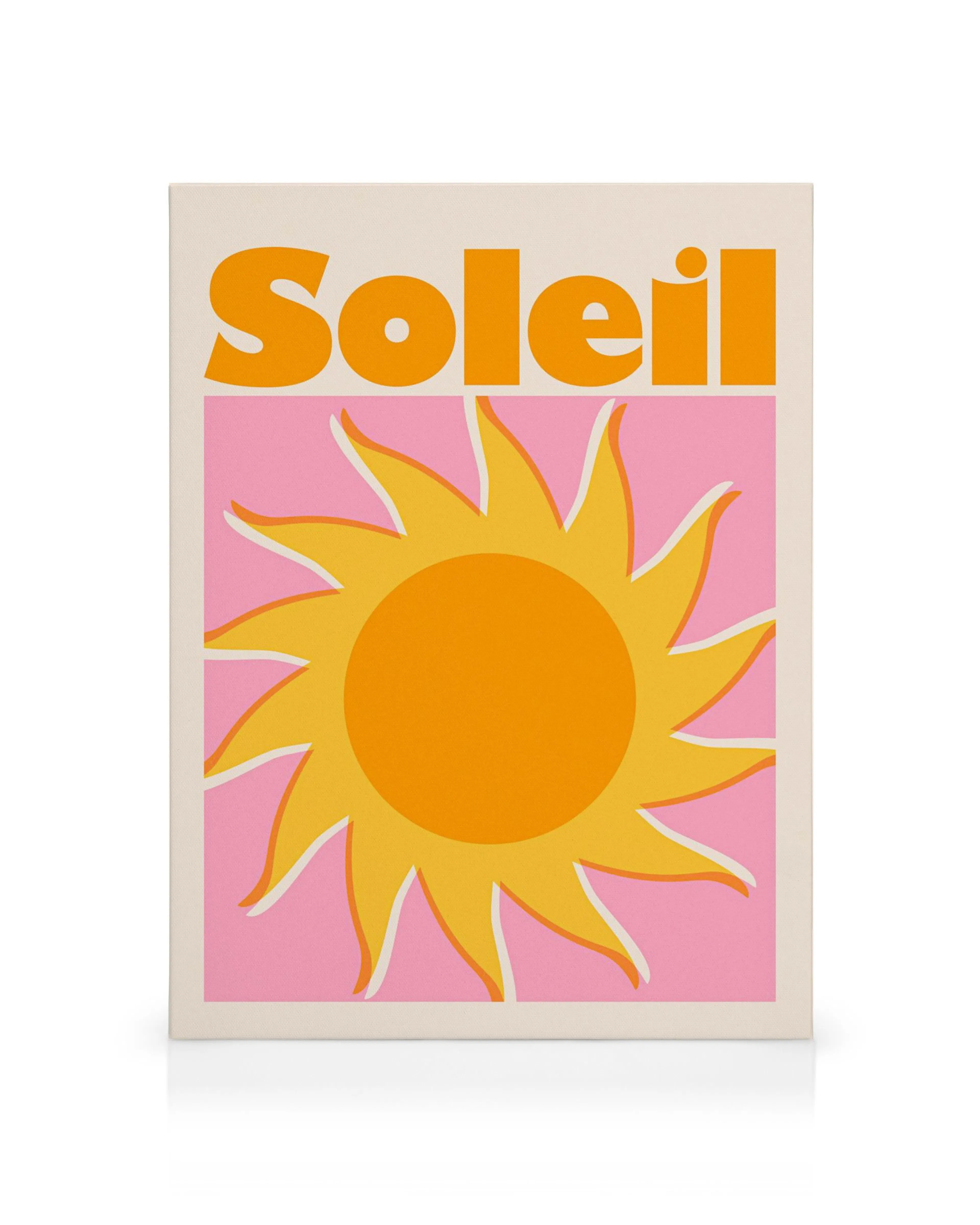 Graphic sun illustration canvas in yellow, orange, and pink, with Soleil text for modern wall art.