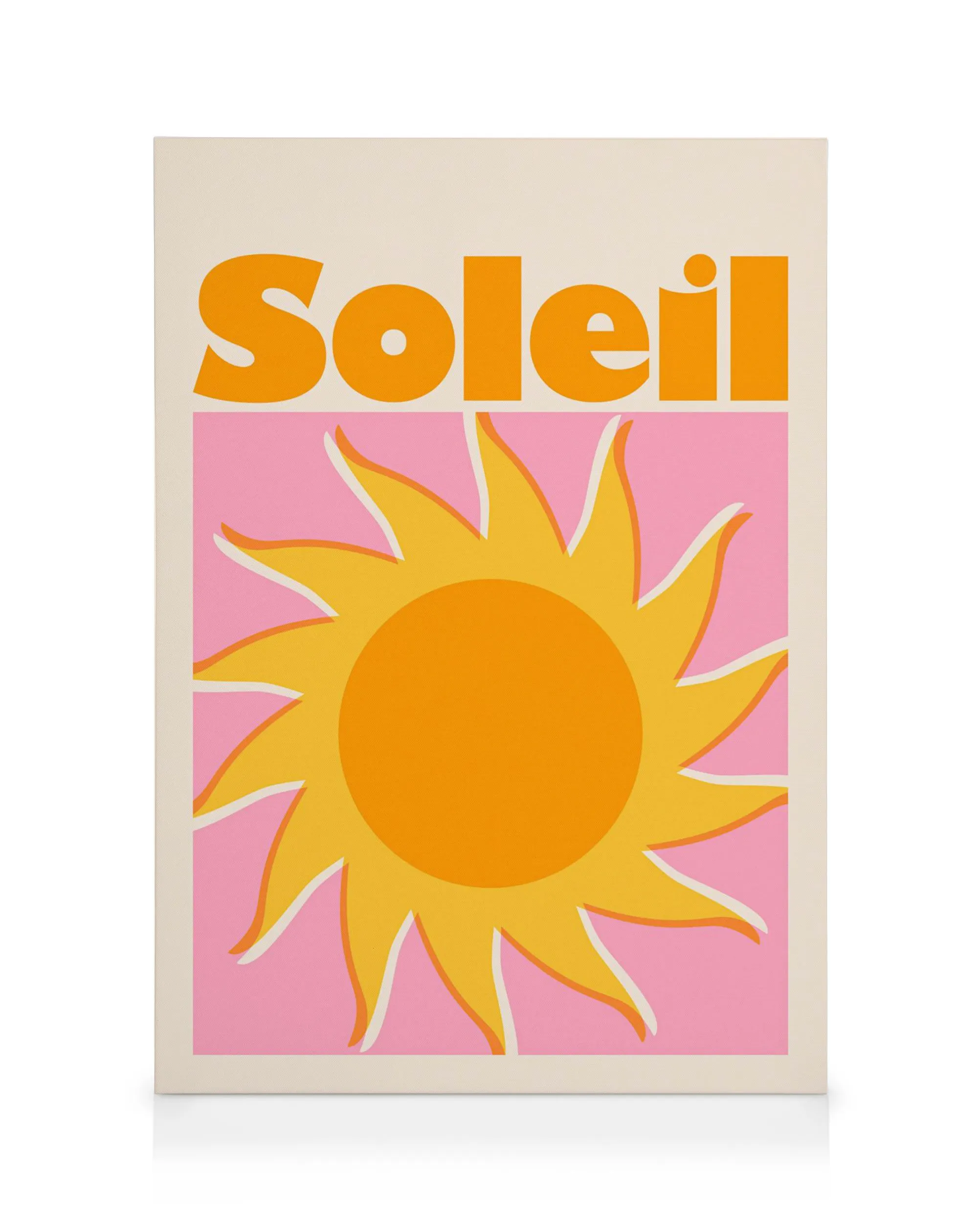 Obraz na plátne s retro slnkom a nápisom Soleil v oranžovej farbe na ružovom pozadí.