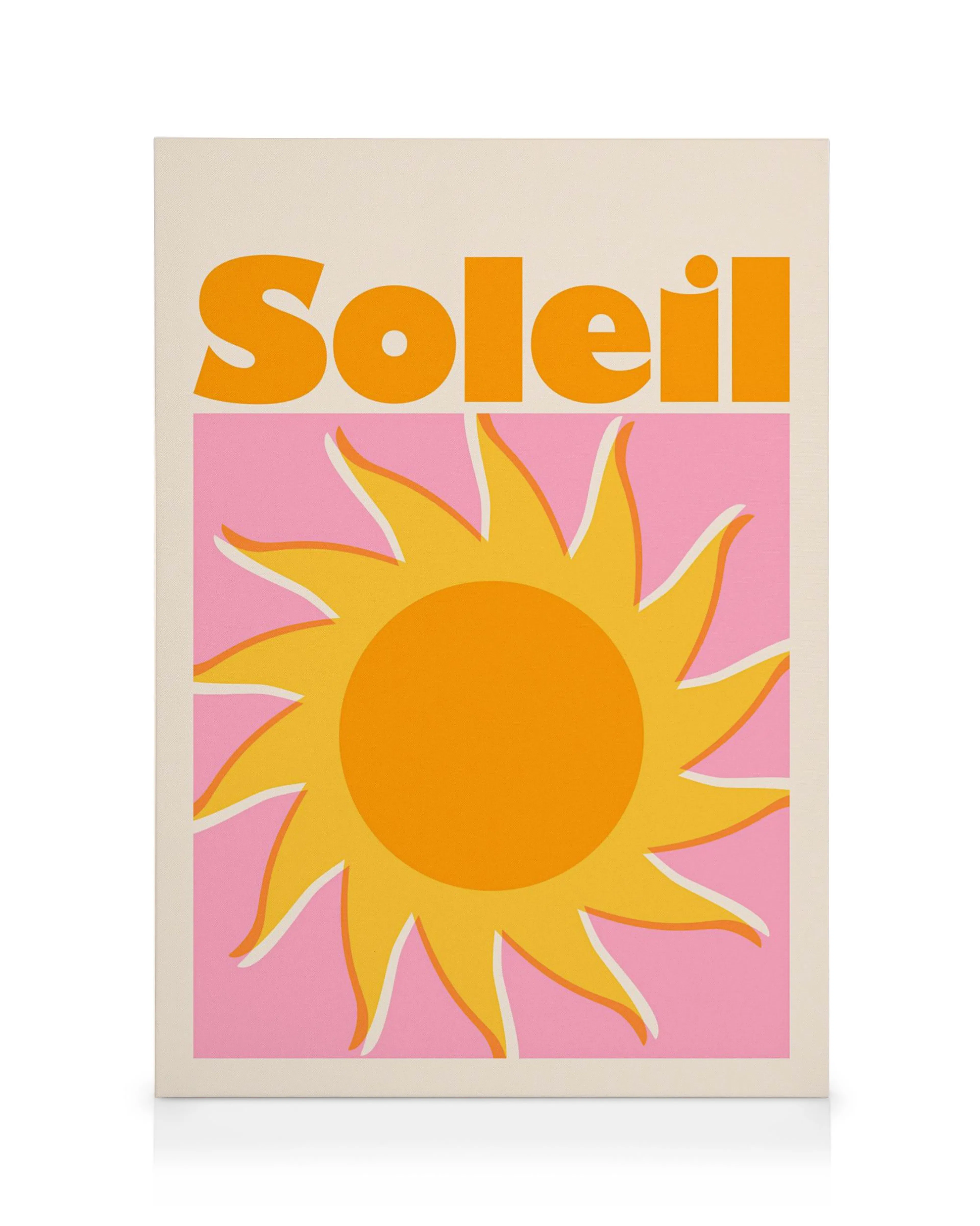 Obraz na plátne s retro slnkom a nápisom Soleil v oranžovej farbe na ružovom pozadí.