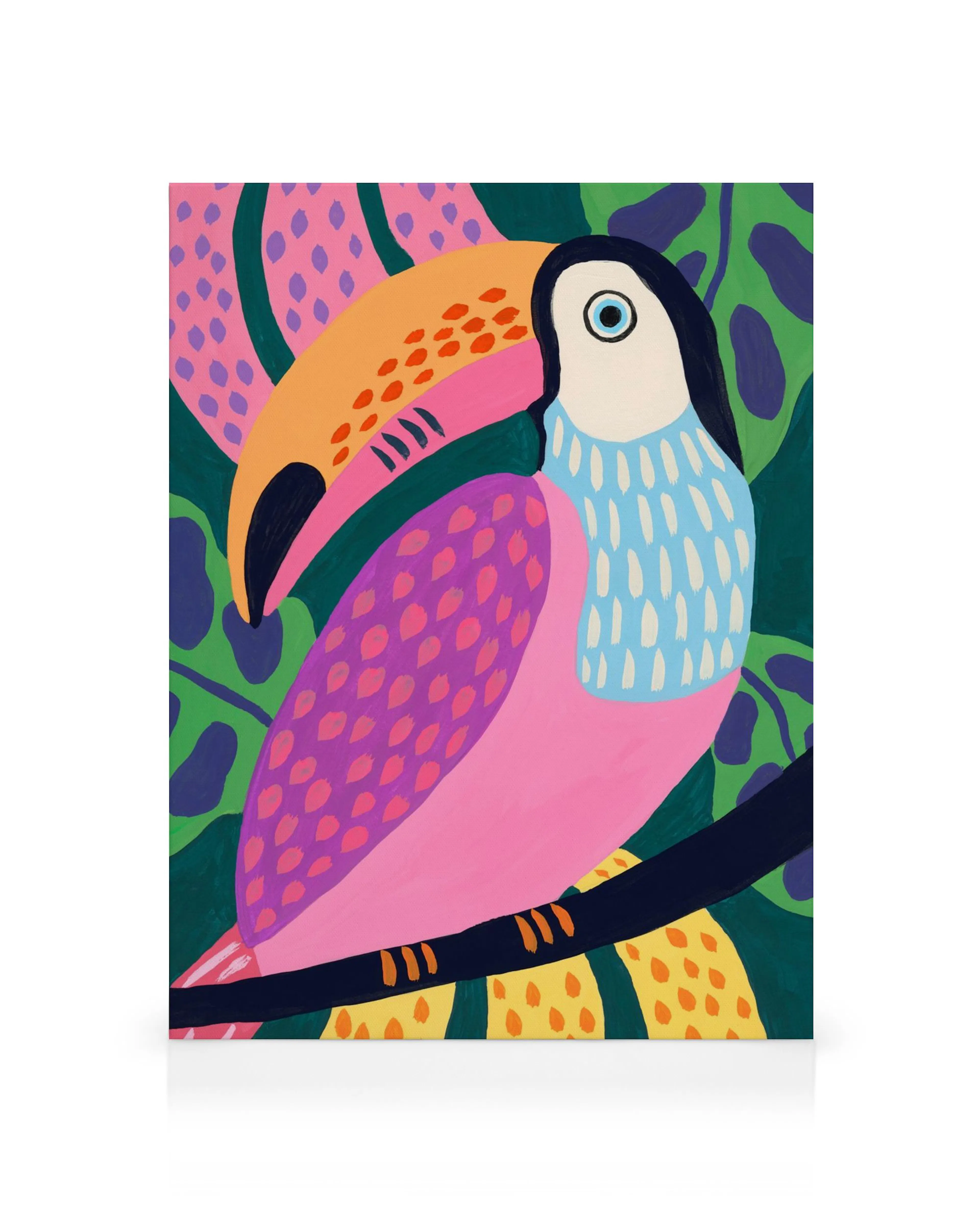 Buntes Leinwandbild eines Tukan-Vogels in Rosa, Lila und Blau auf einem Ast, umgeben von grünen Blättern