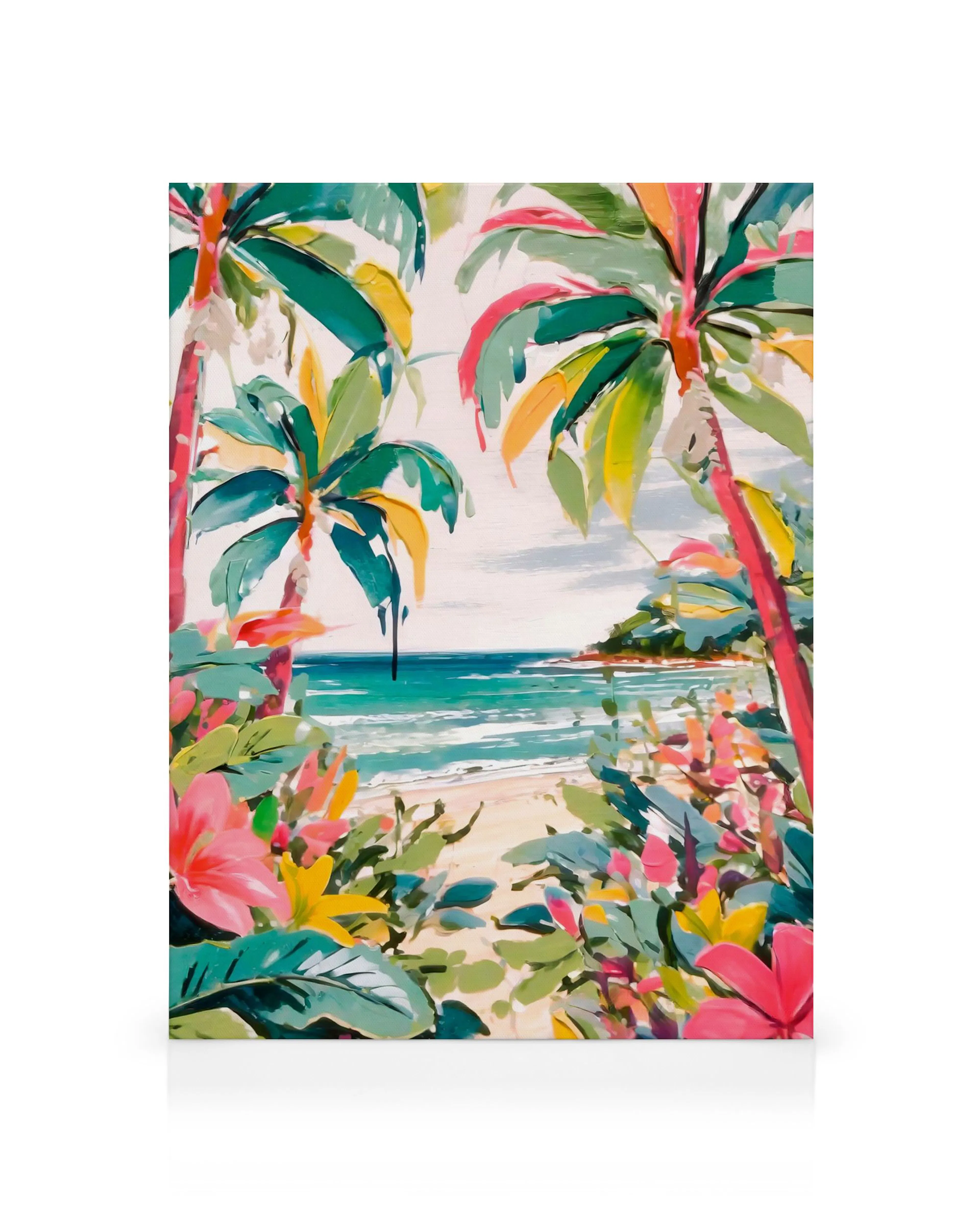 Vibrant tropical beach painting with bold brush strokes. Features palm trees, blue ocean, pink flowers, and a sandy shore.
