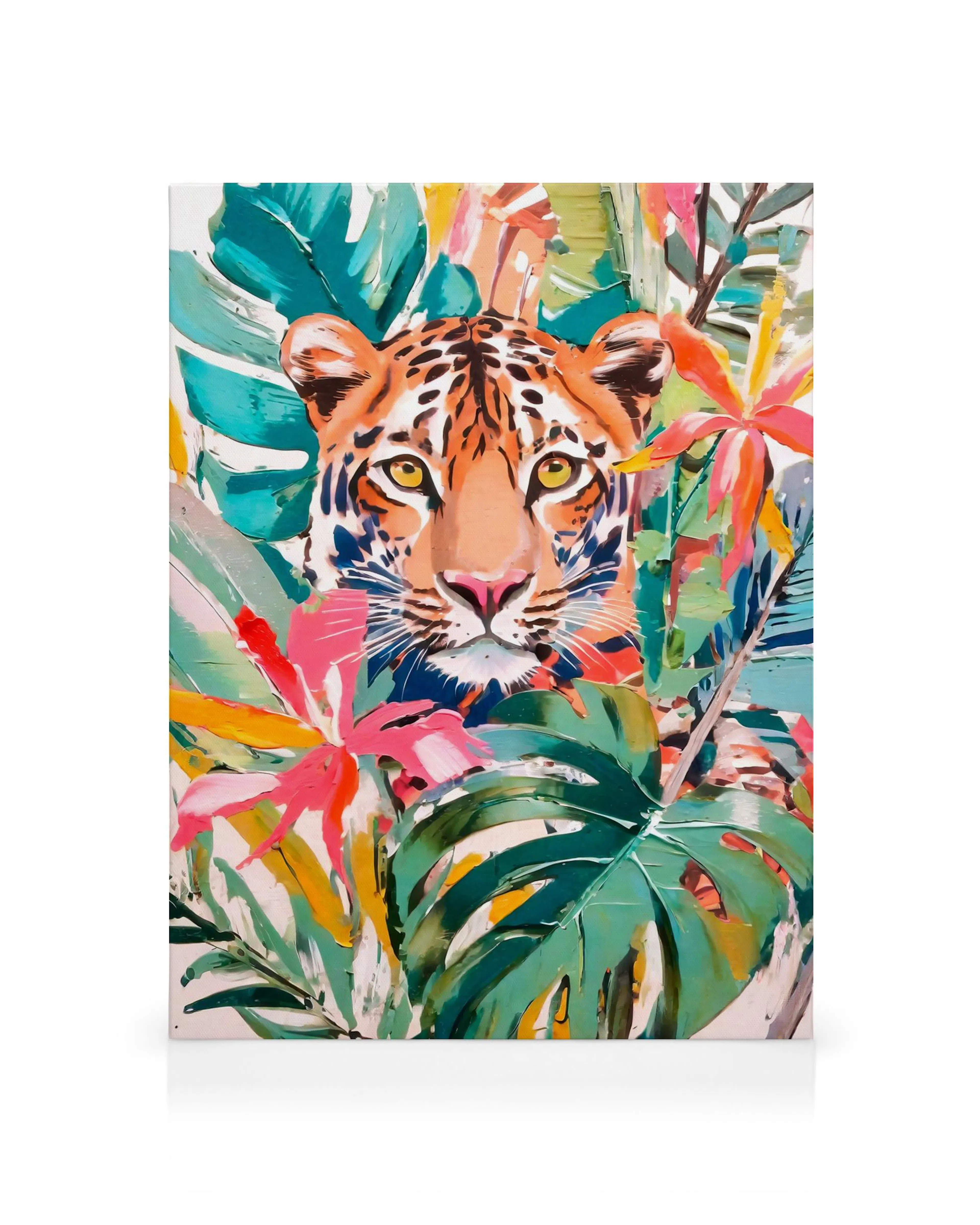 Expressives Leinwandbild eines Tigerkopfes umgeben von bunten tropischen Blättern in Grün, Pink und Orange.