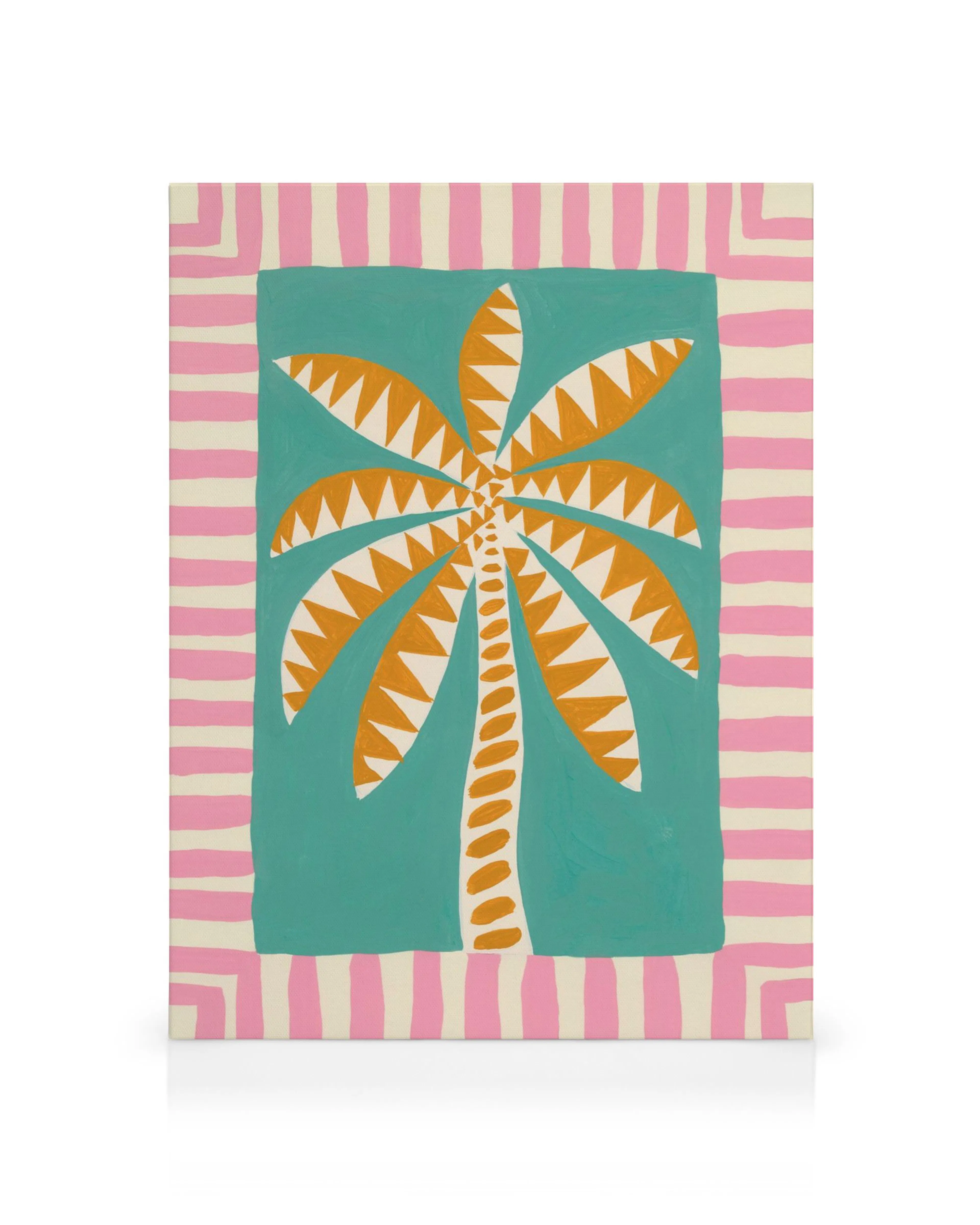 Lienzo Funky Palm Tree: Palmera naranja con hojas blancas dentadas sobre fondo turquesa, rodeada de rayas rosas y blancas.