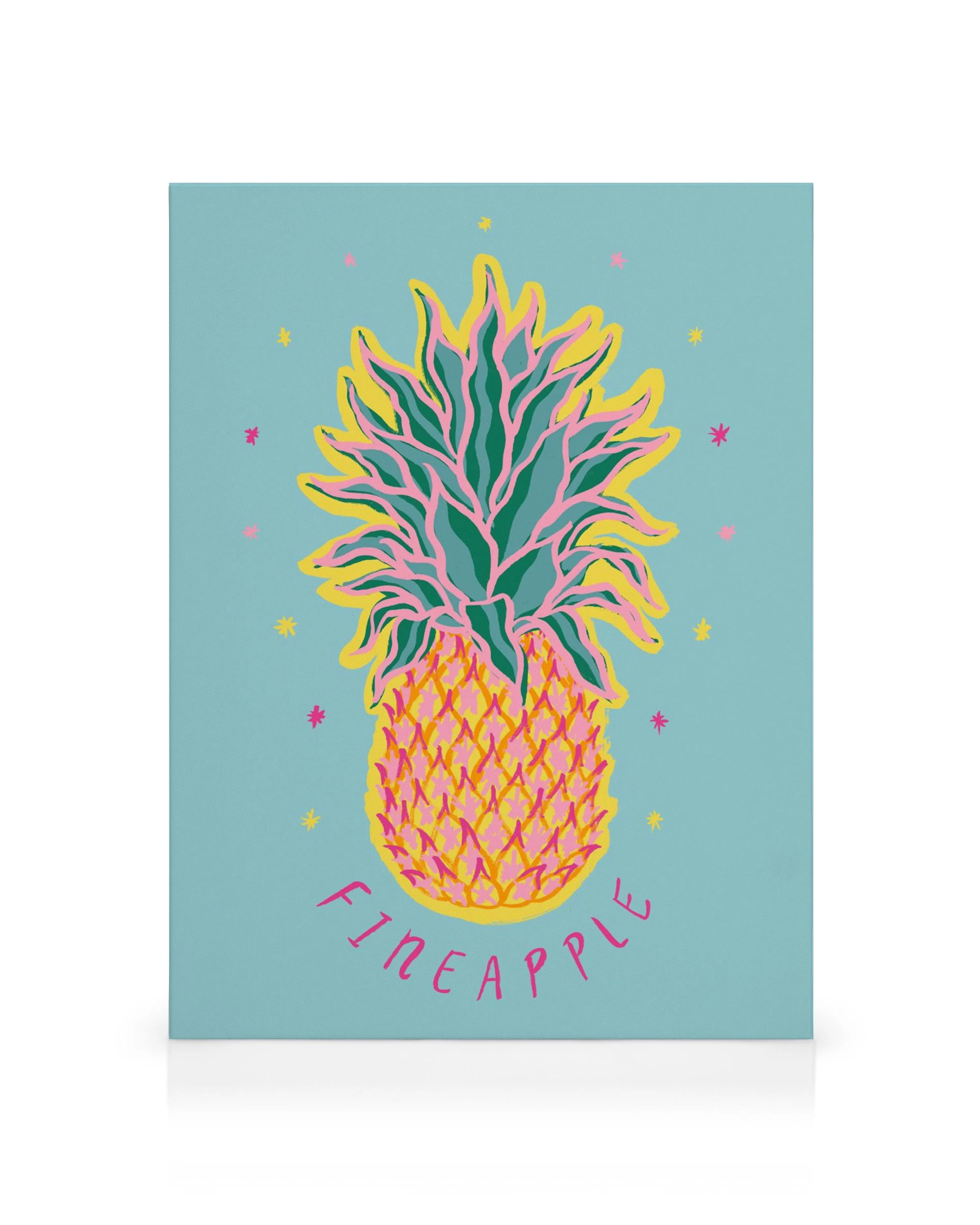 Värikäs ananas Fineapple-kanvaasilla, vaaleansininen tausta ja leikkisät tähdet. Elävä trooppinen taide.