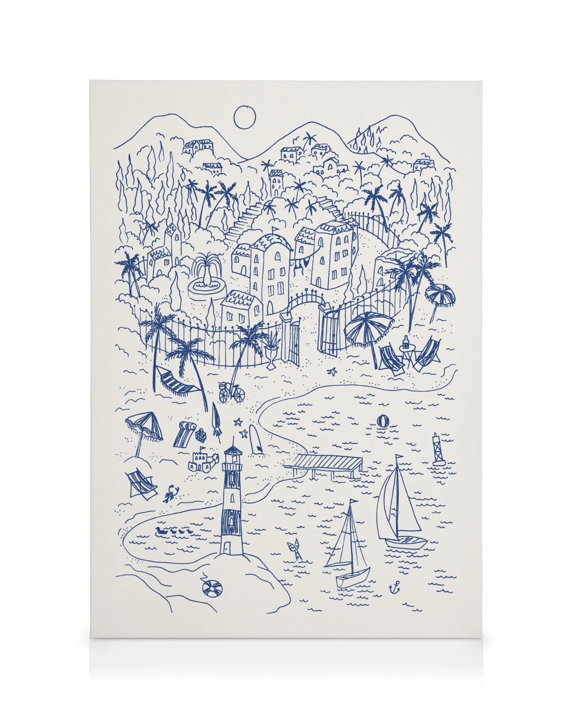 Detaillierte blaue Tuschezeichnung einer Küstenszene mit Gebäuden, Palmen, Booten und Leuchtturm, Sommerurlaub am Meer.