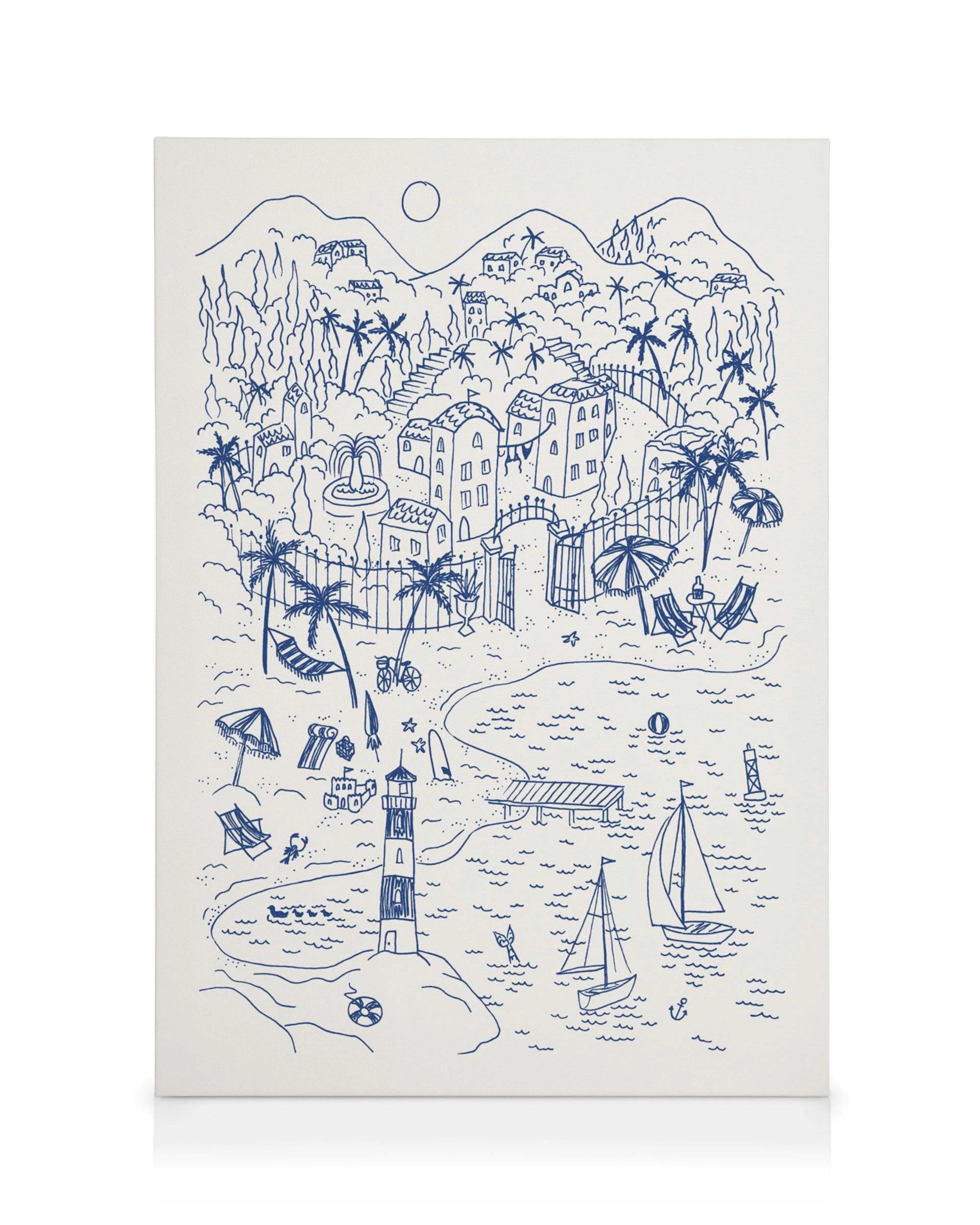 Detaillierte blaue Tuschezeichnung einer Küstenszene mit Gebäuden, Palmen, Booten und Leuchtturm, Sommerurlaub am Meer.
