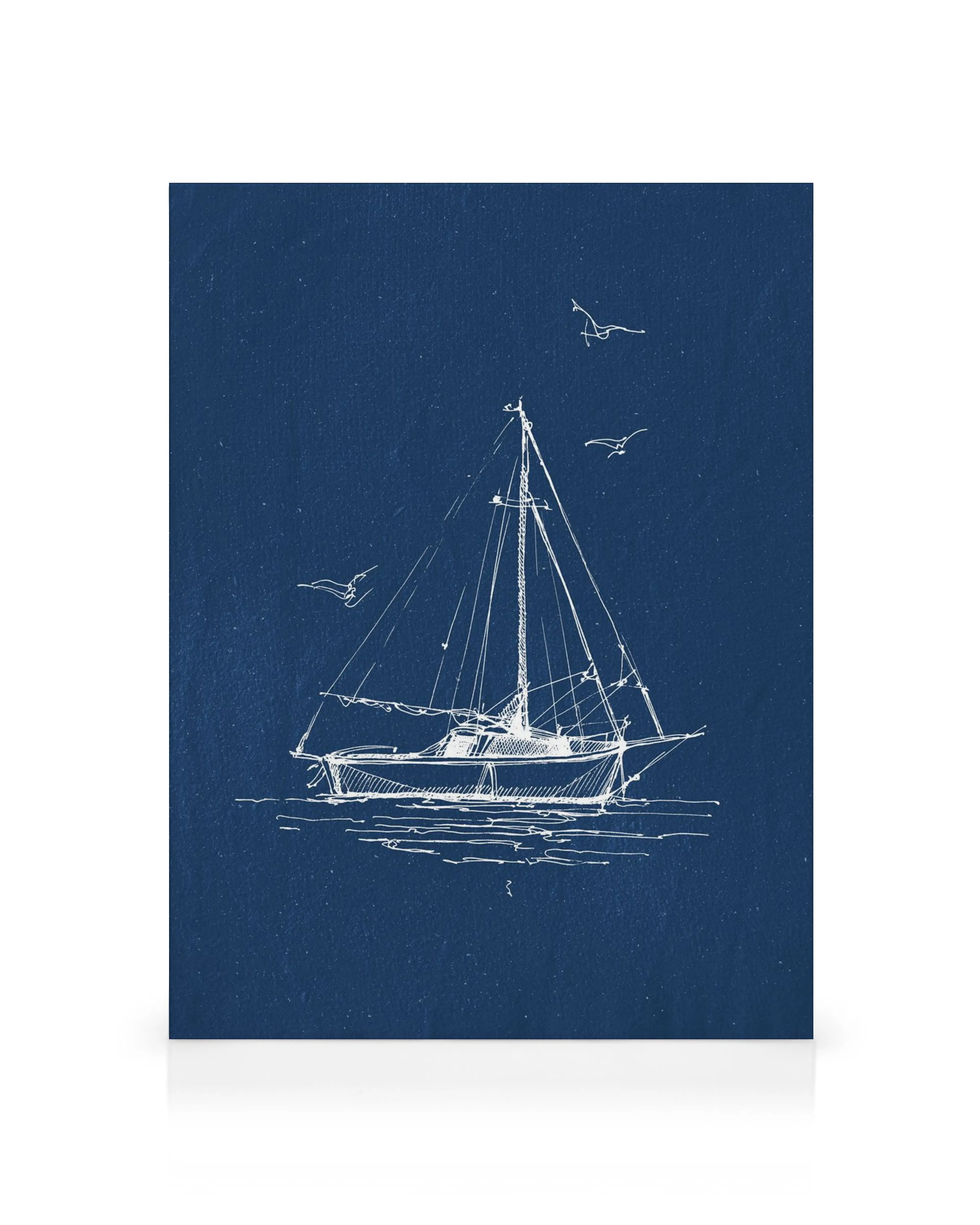 White sailboat sketch canvas print with two masts and seagulls on deep blue background