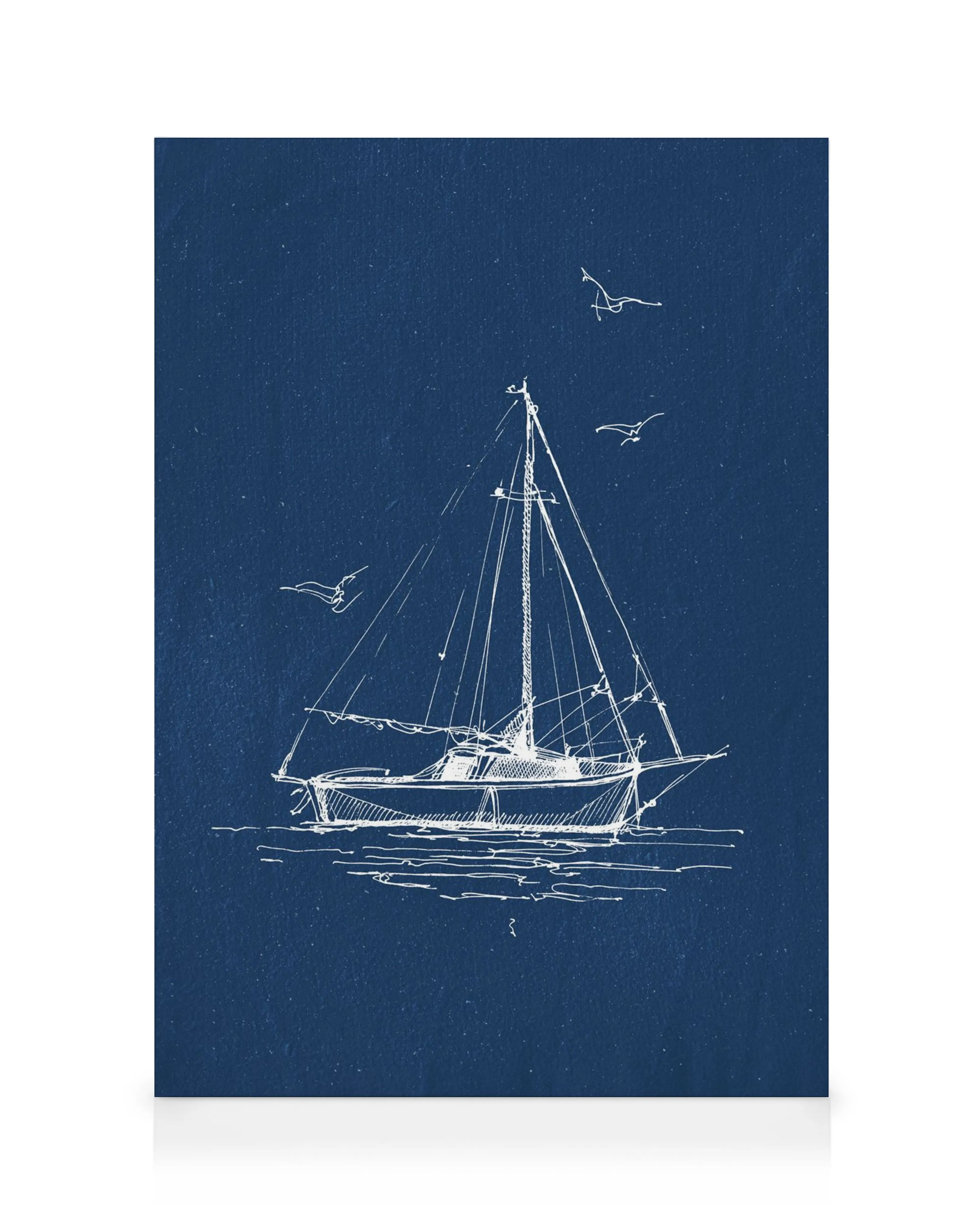 Weißes Segelboot mit Möwen als Linienskizze auf tiefblauem Hintergrund, nautisches Leinwandbild