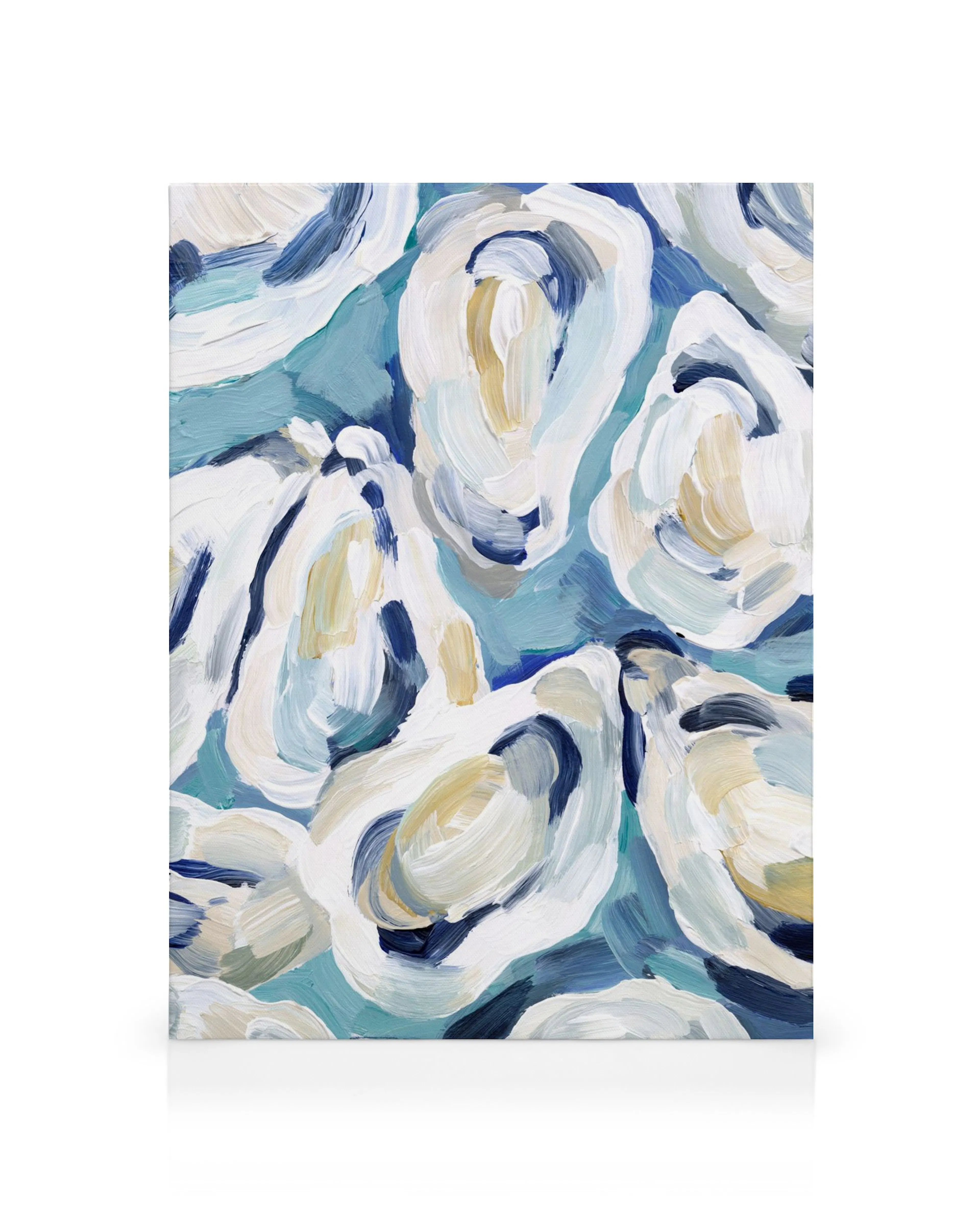 Abstract canvas art with textured brushstrokes in blue, turquoise, white, beige, and navy, perfect for calming wall decor.