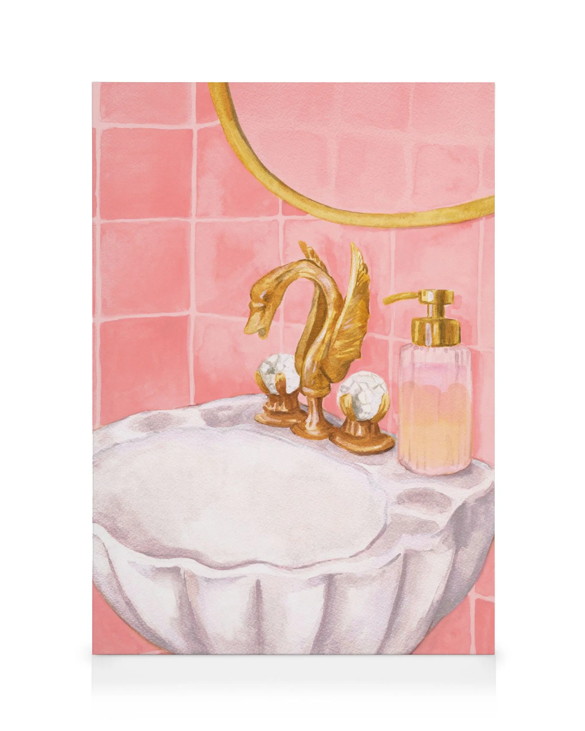 Lerretsbilde av hvit skjellformet vask med gullsvane-kran og rosa fliser, pastellfarger.