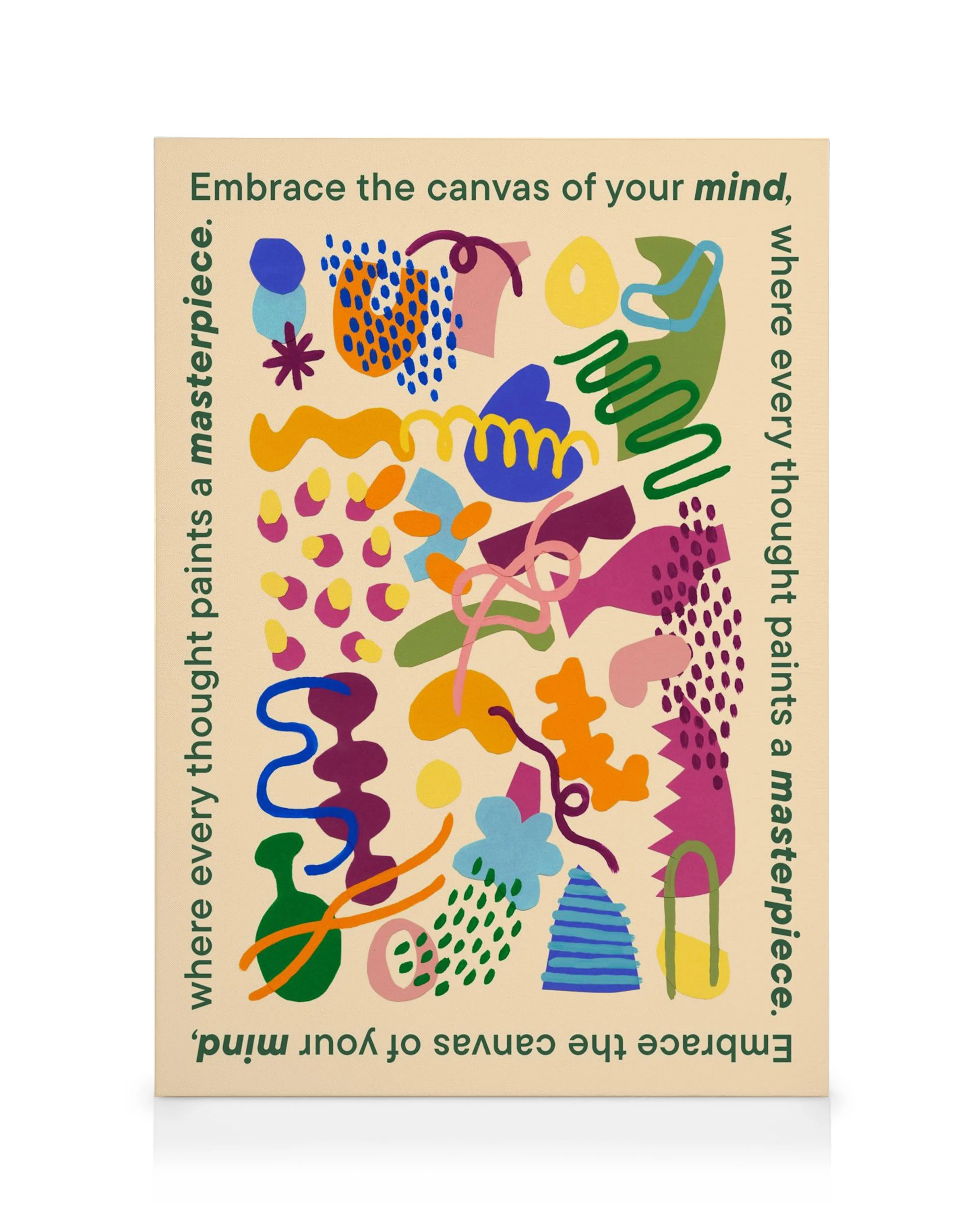 Fargerikt lerret med abstrakte former i blått, grønt, gult og rosa på lys bakgrunn, tekst Embrace the canvas of your mind.
