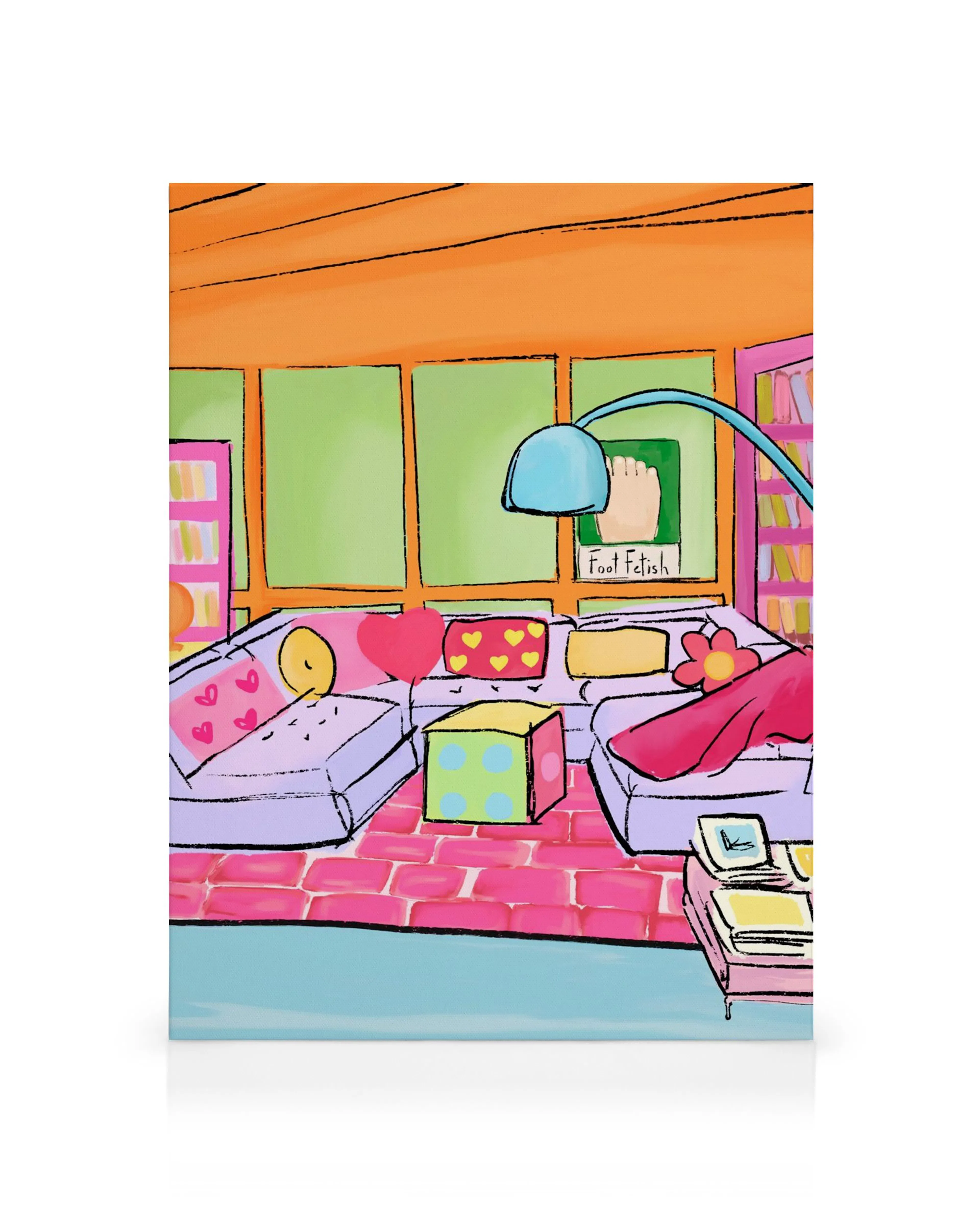 Vibrant, colourful living room canvas print by Dani Klaric, featuring whimsical furniture and a playful, hand-drawn style.