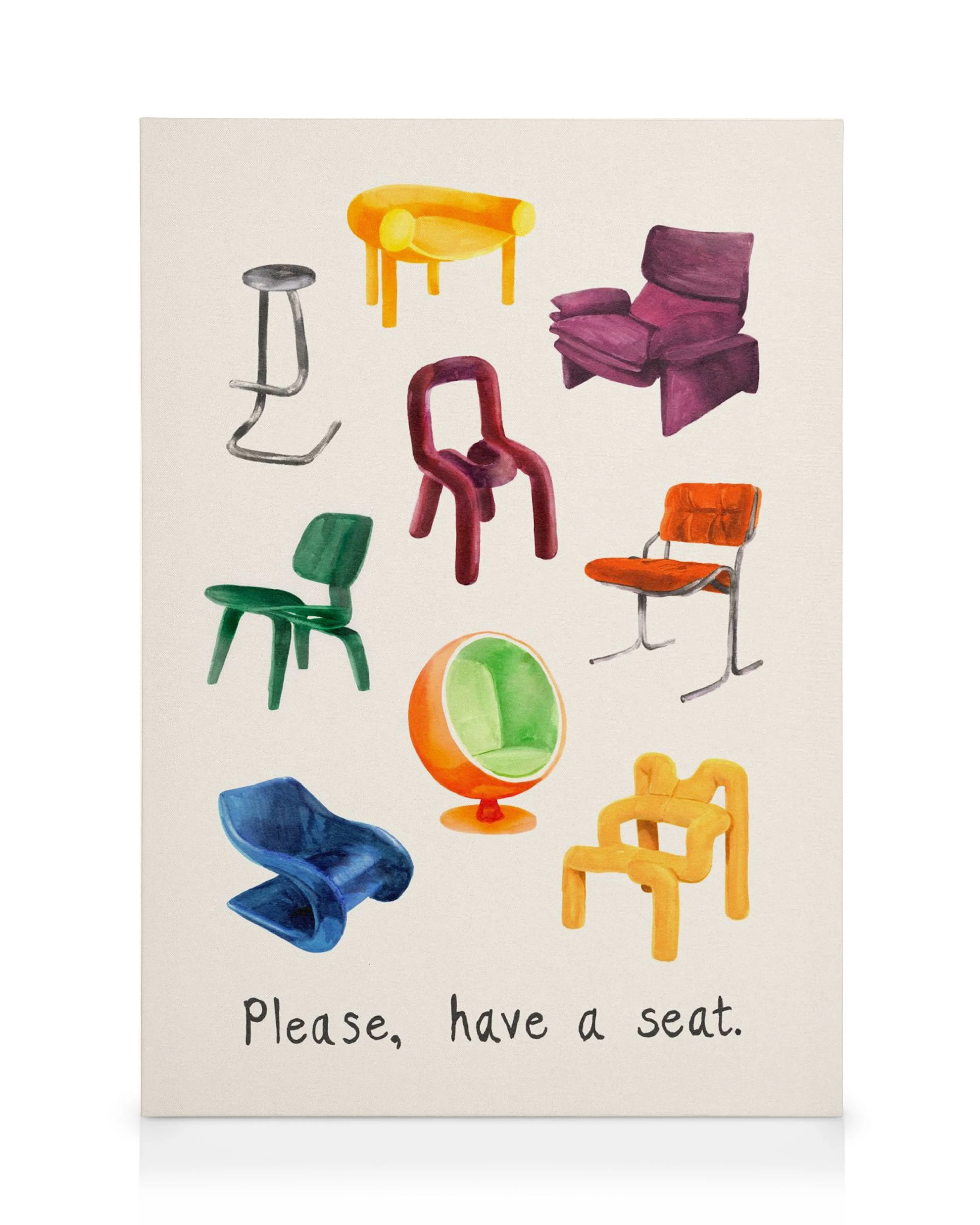 Watercolor illustration of various colorful chairs and stools, including a yellow armchair, purple lounge chair, green dining ch