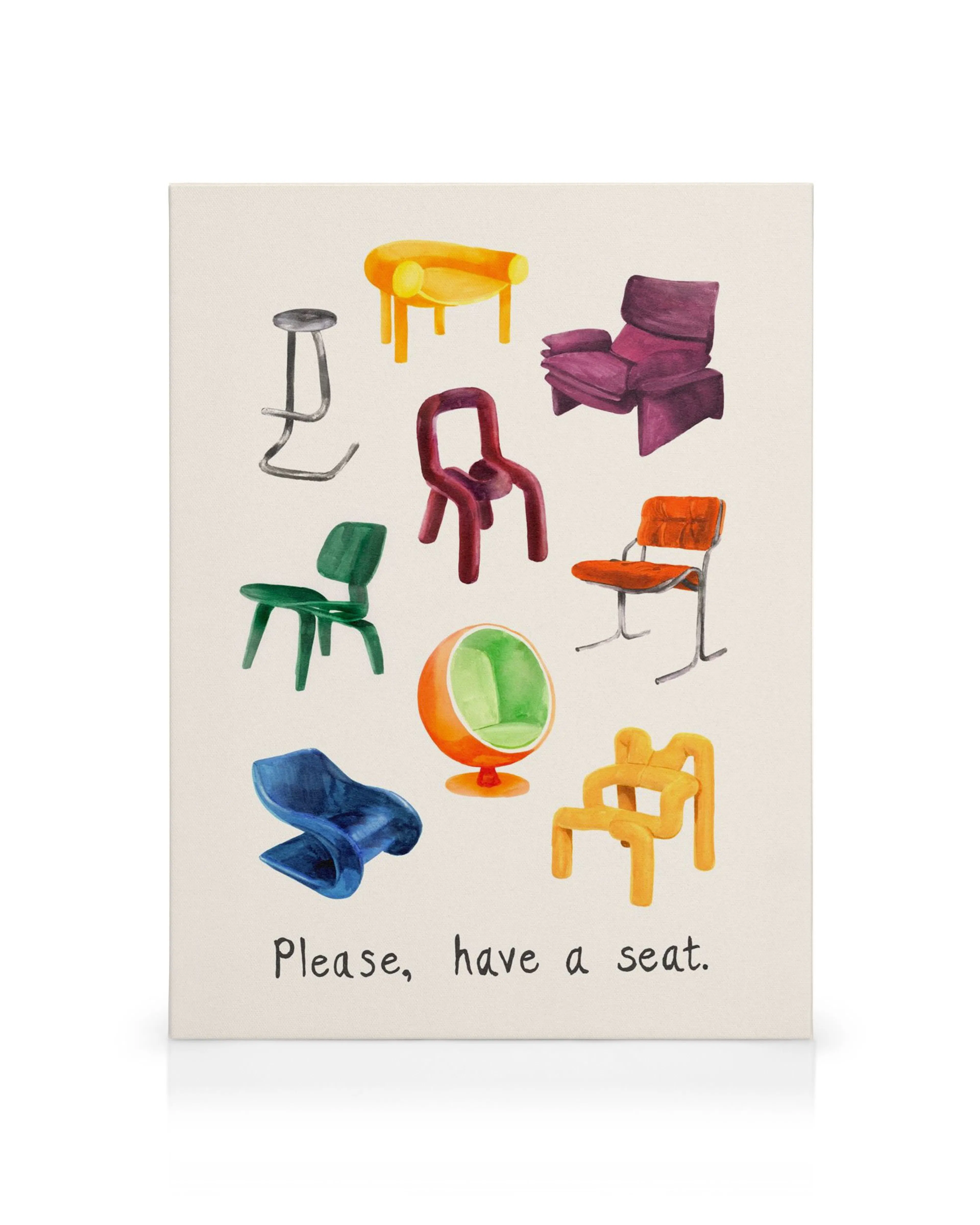 Watercolour art print with eight colourful chairs in various designs on a light background, with text Please, have a seat.