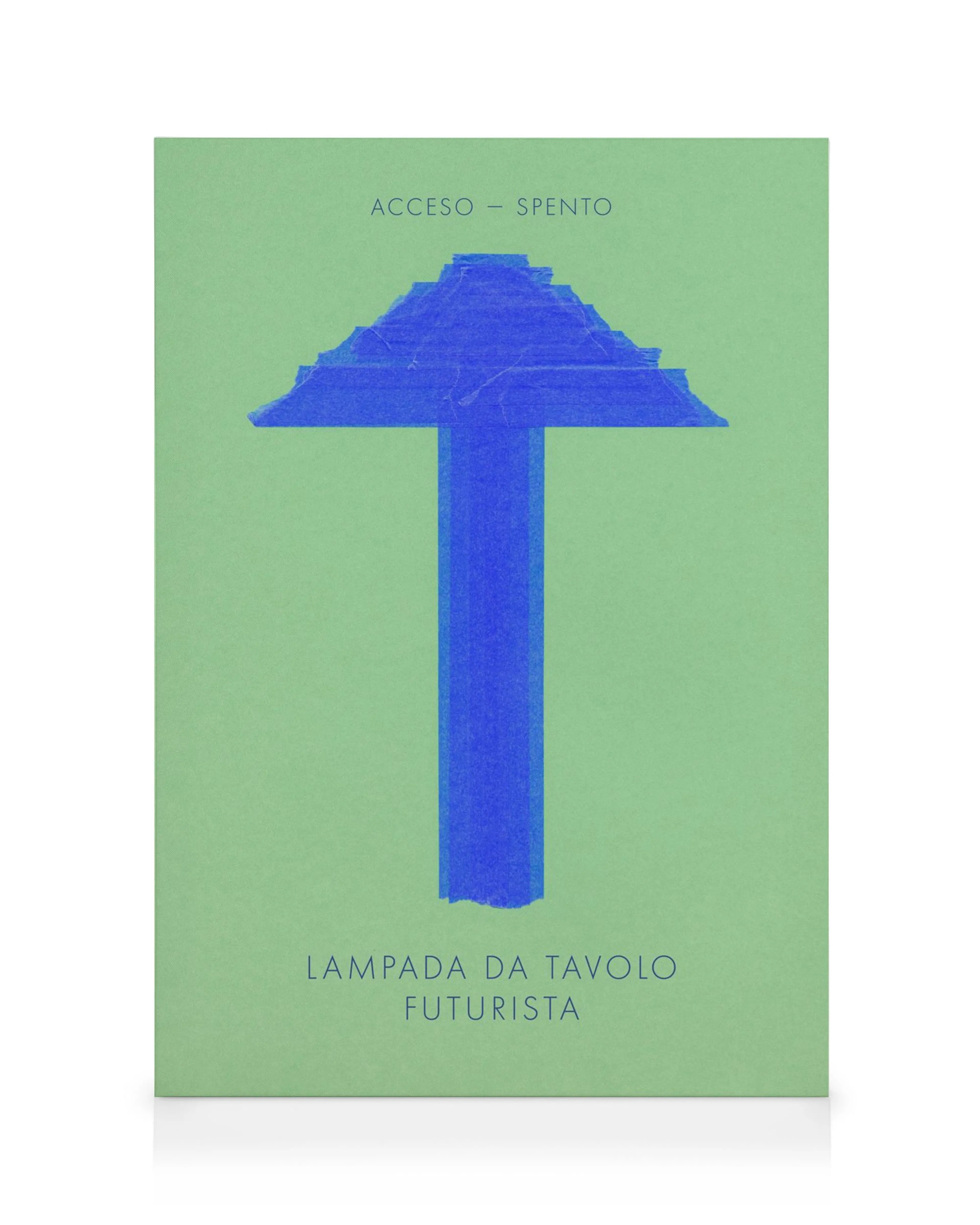 Toile abstraite lampe de table bleue et verte avec sommet dentelé, texte italien superposé, effet granuleux.