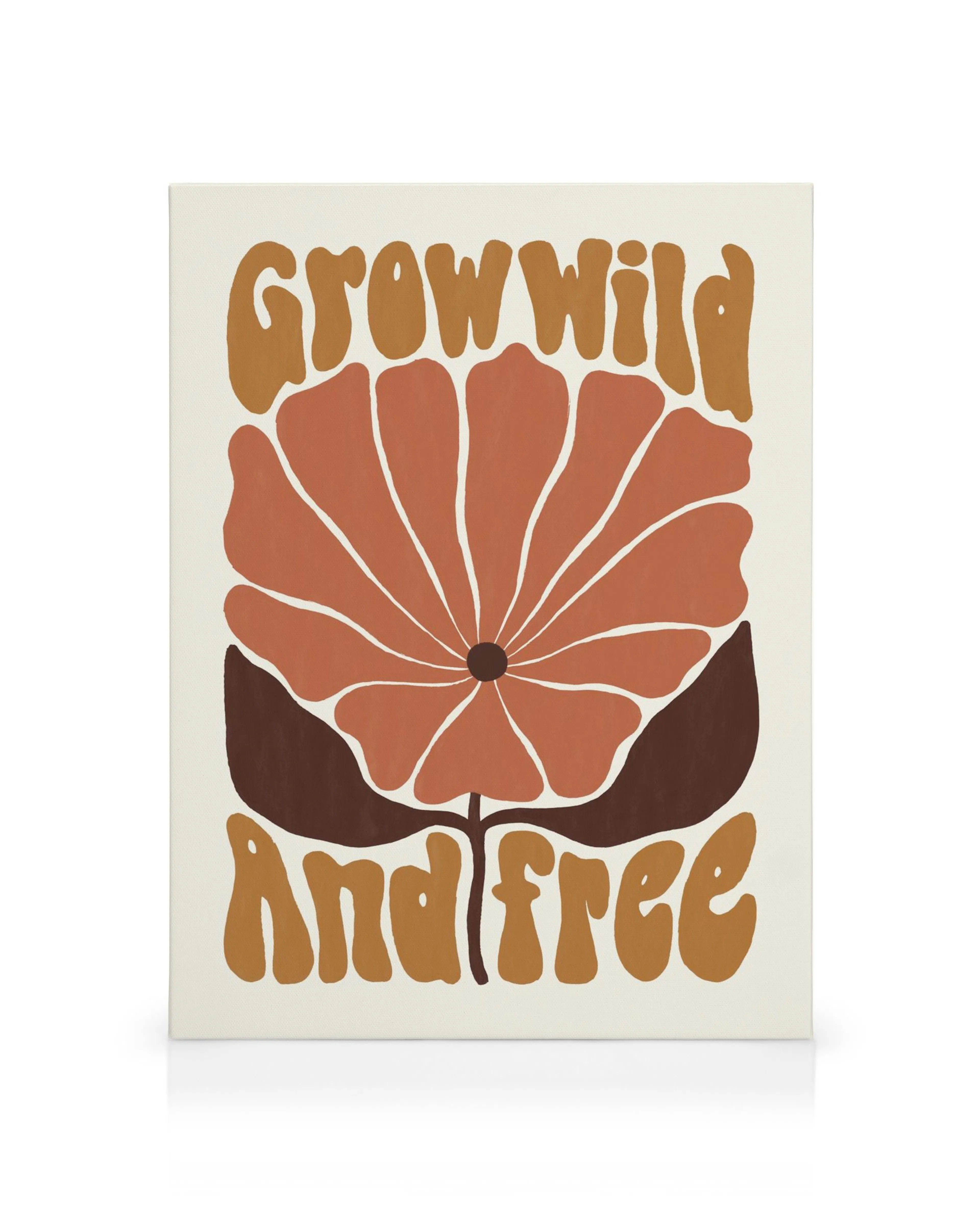 Obraz na plátně s velkou oranžovou květinou a textem grow wild and free v retro stylu. Ideální pro moderní interiér.
