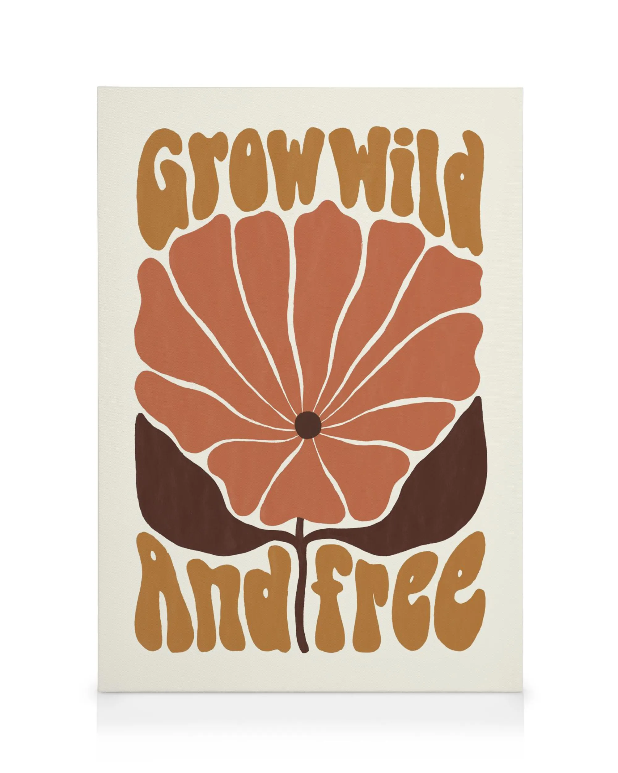 Obraz na płótnie z pomarańczowo-brązowym kwiatem i napisem Grow Wild And Free, w stylu retro