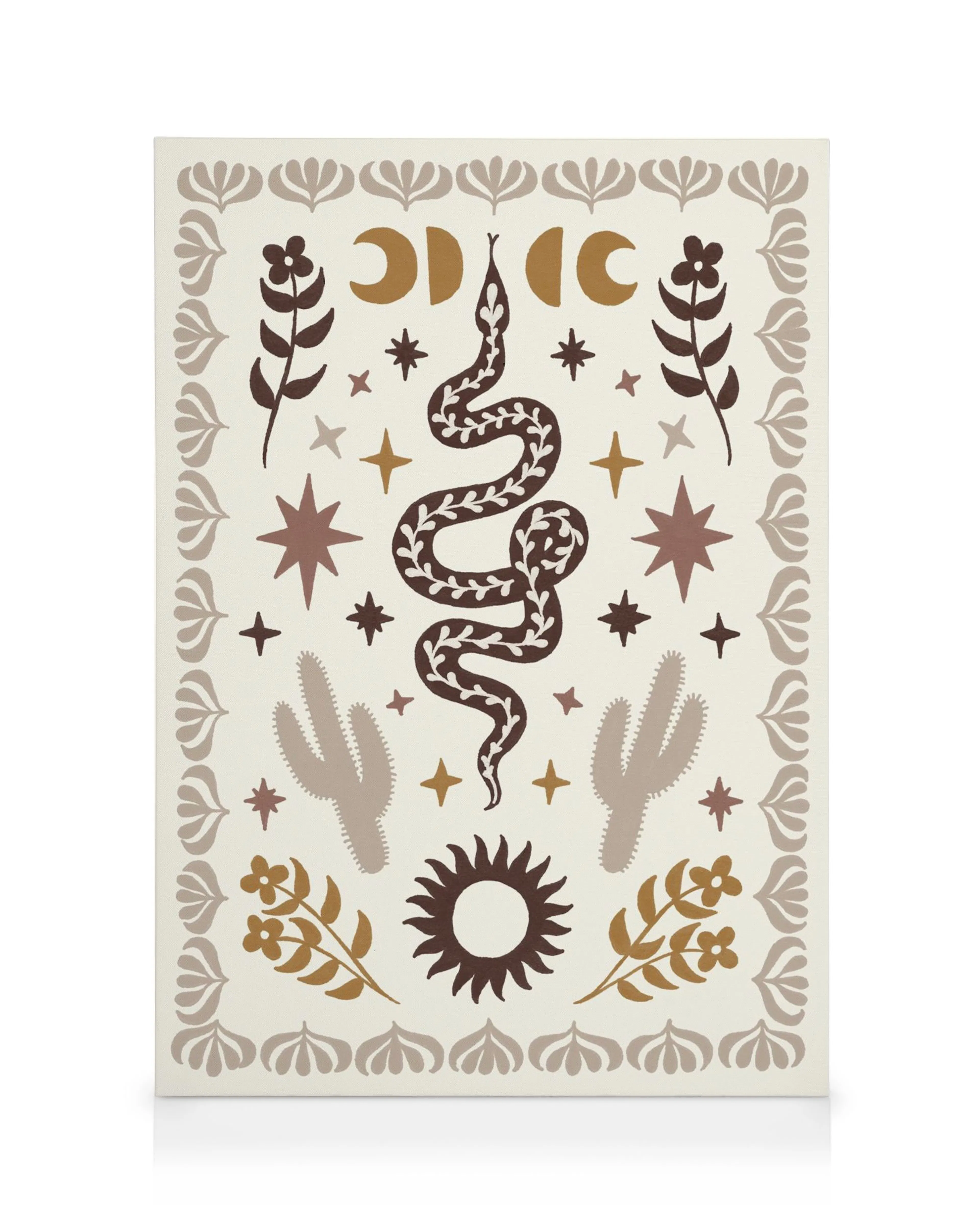 Vild vest slangelerred med slange, kaktus, sol, månefaser og stjerner i boho-stil.