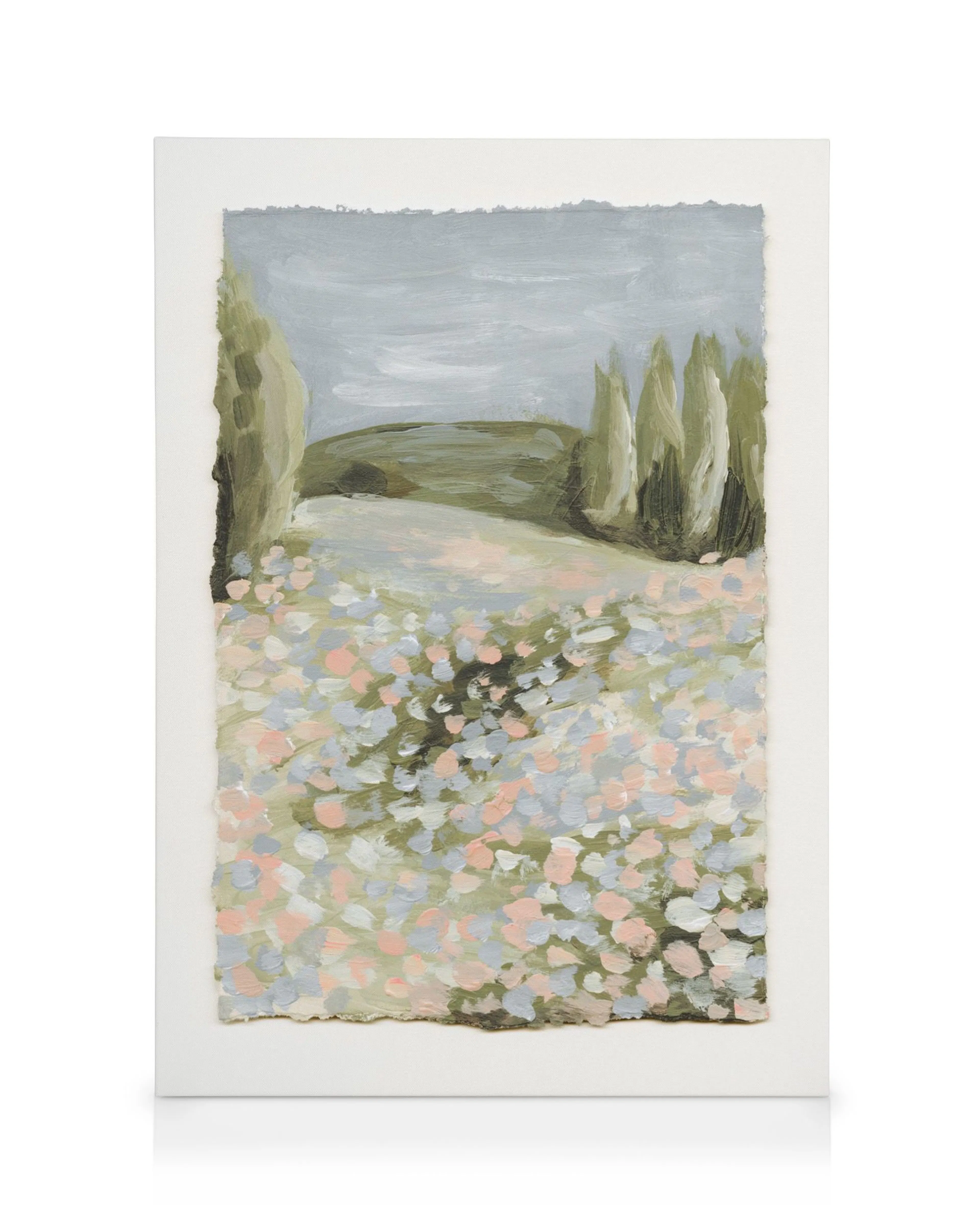 Hand-painted floral landscape canvas print with lush green trees, a path, and pink, blue, and white flowers.