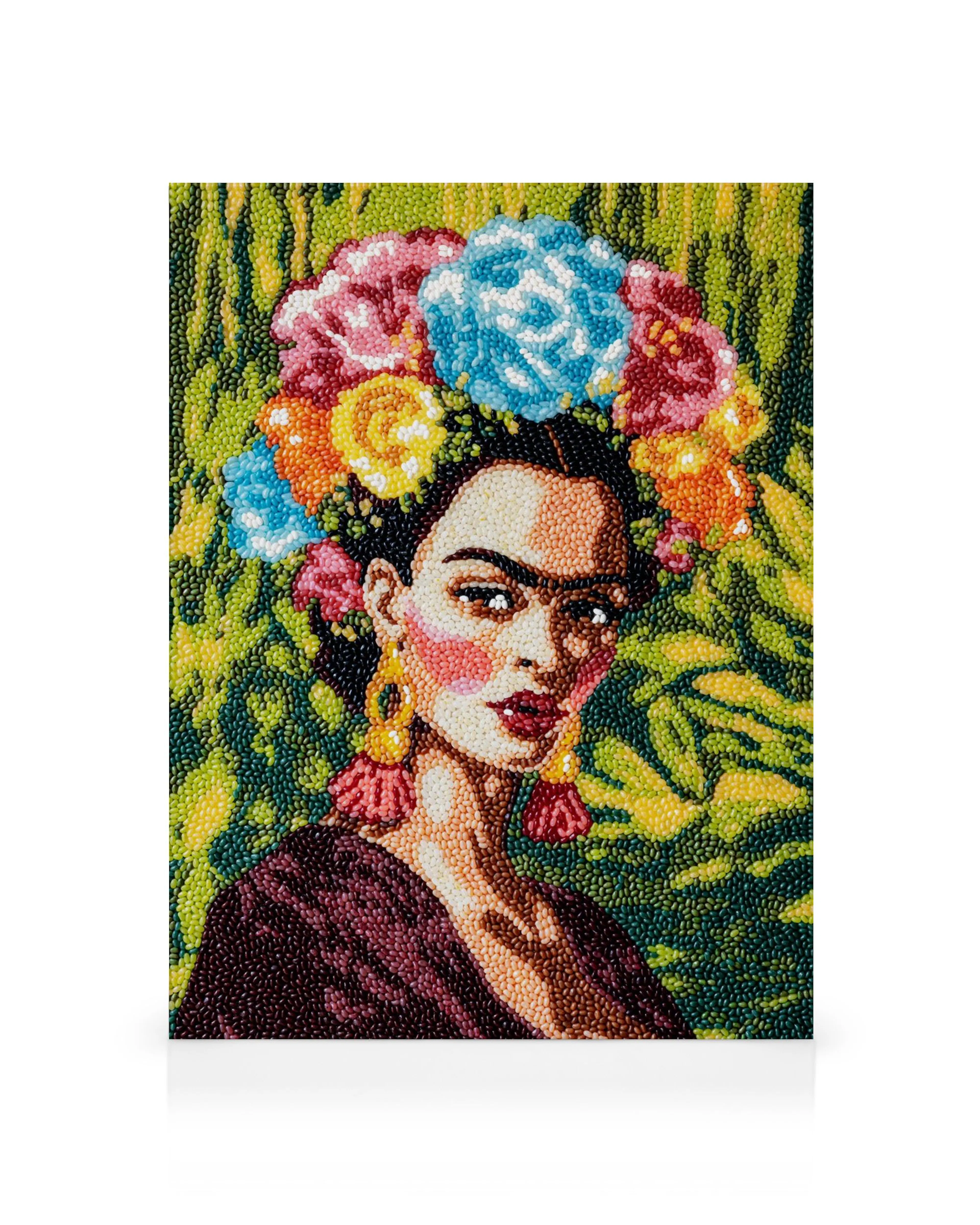 Candy Garden Frida Kahlo canvas print, woman with flower crown, unibrow, and red earrings, made of colored dots.