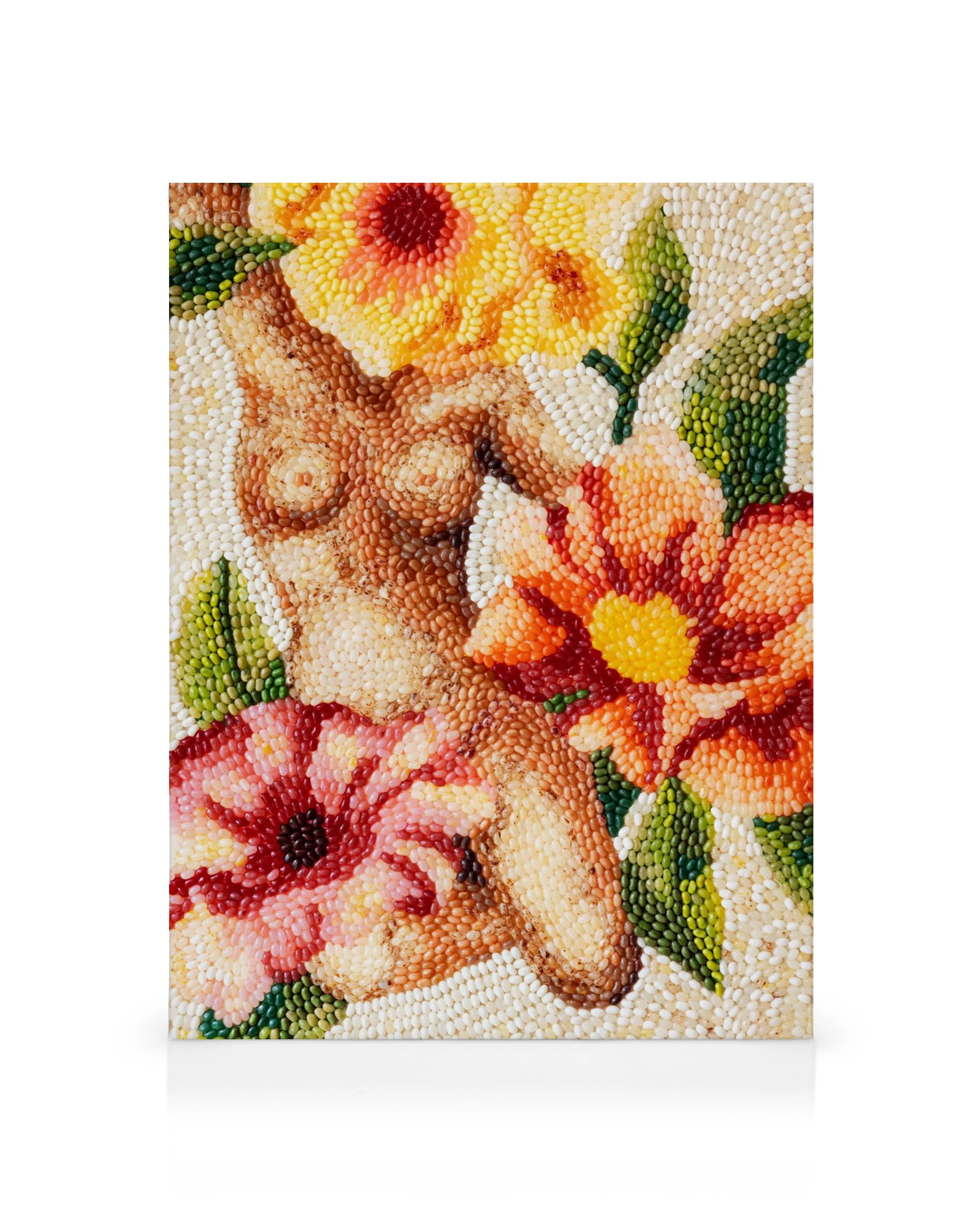 Affiche Toile Candy Garden, figure florale féminine en grains colorés et graines, fleurs vibrantes sur fond crème, texture granu