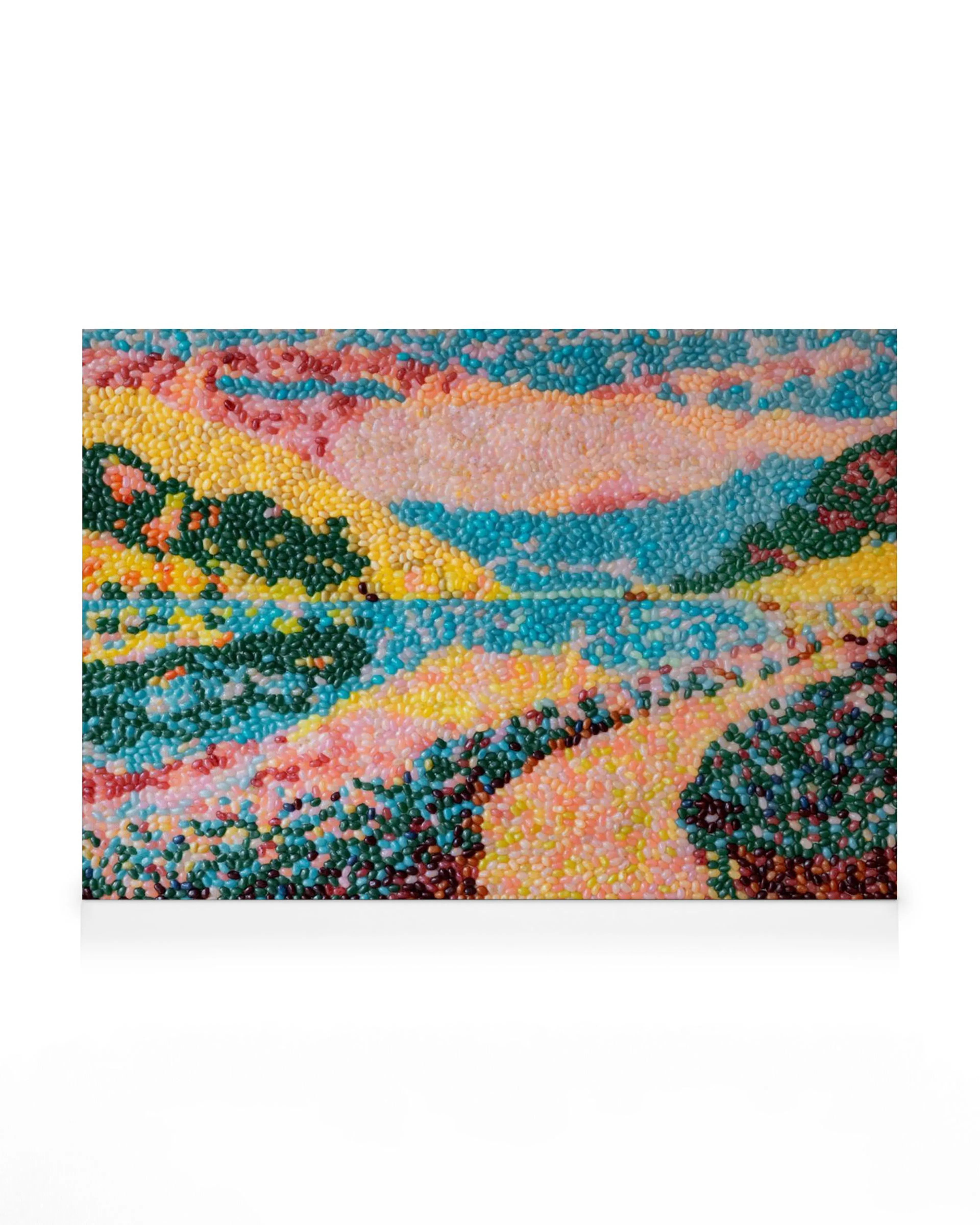Cukrová krajina z cukríkov v tvare fazule, jasné farby, modrá obloha, žlté slnko, zelené stromy, ružové mraky. Candy Garden.