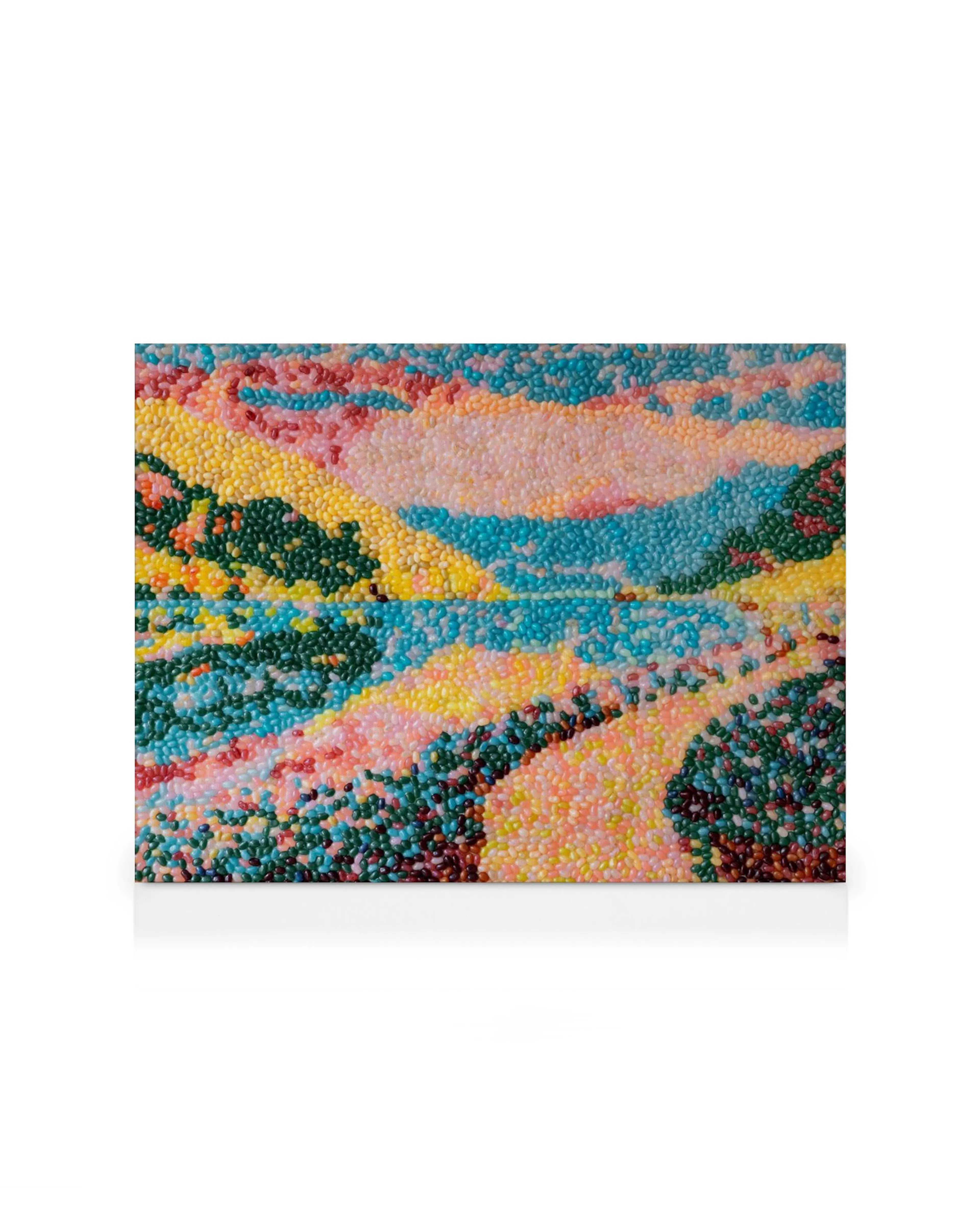 Candy Garden canvas print, a vibrant landscape made of colorful jelly beans, features a sky, water, and land.
