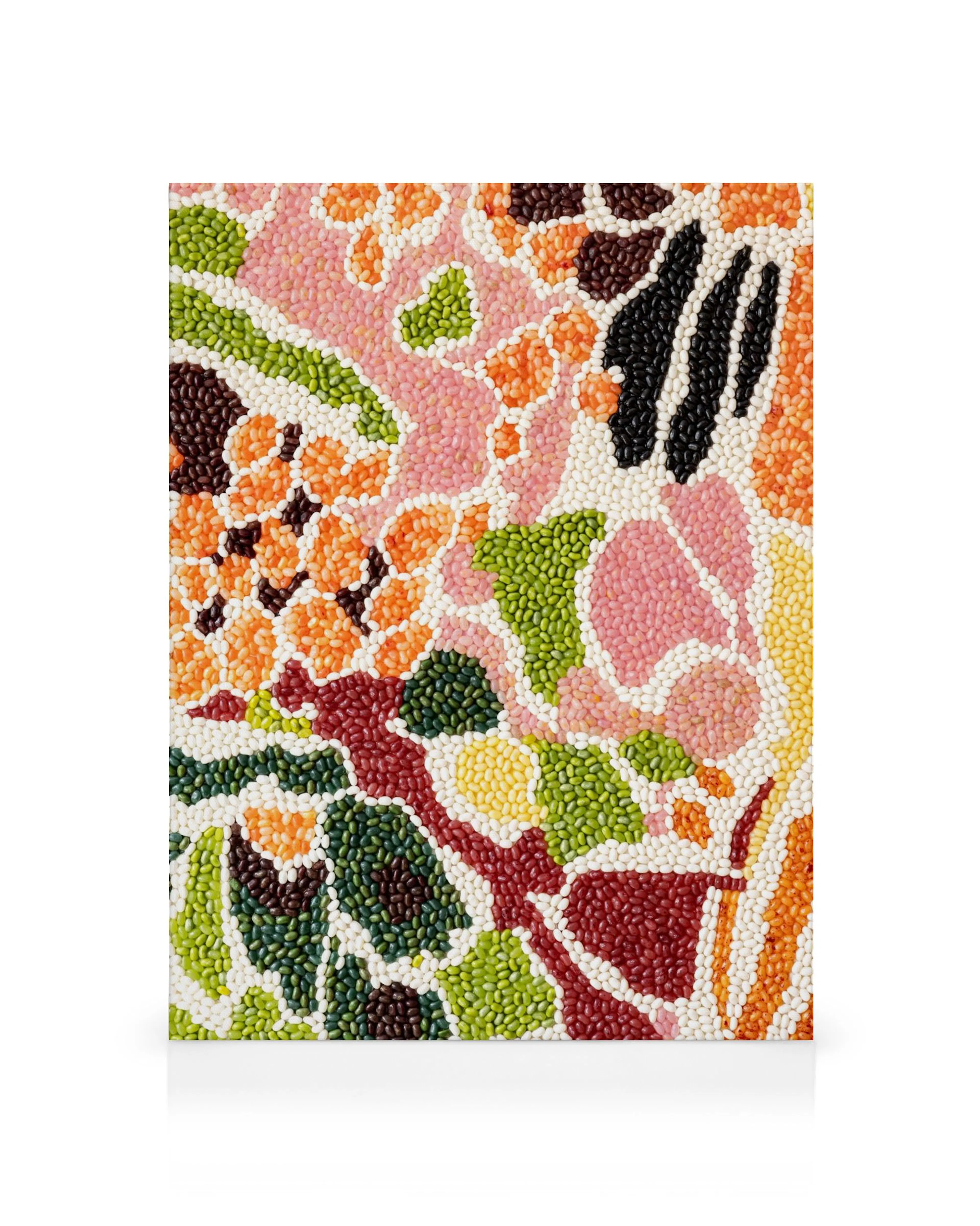 Abstract jelly bean art with vibrant colours, creating a sweet candy garden design on canvas.