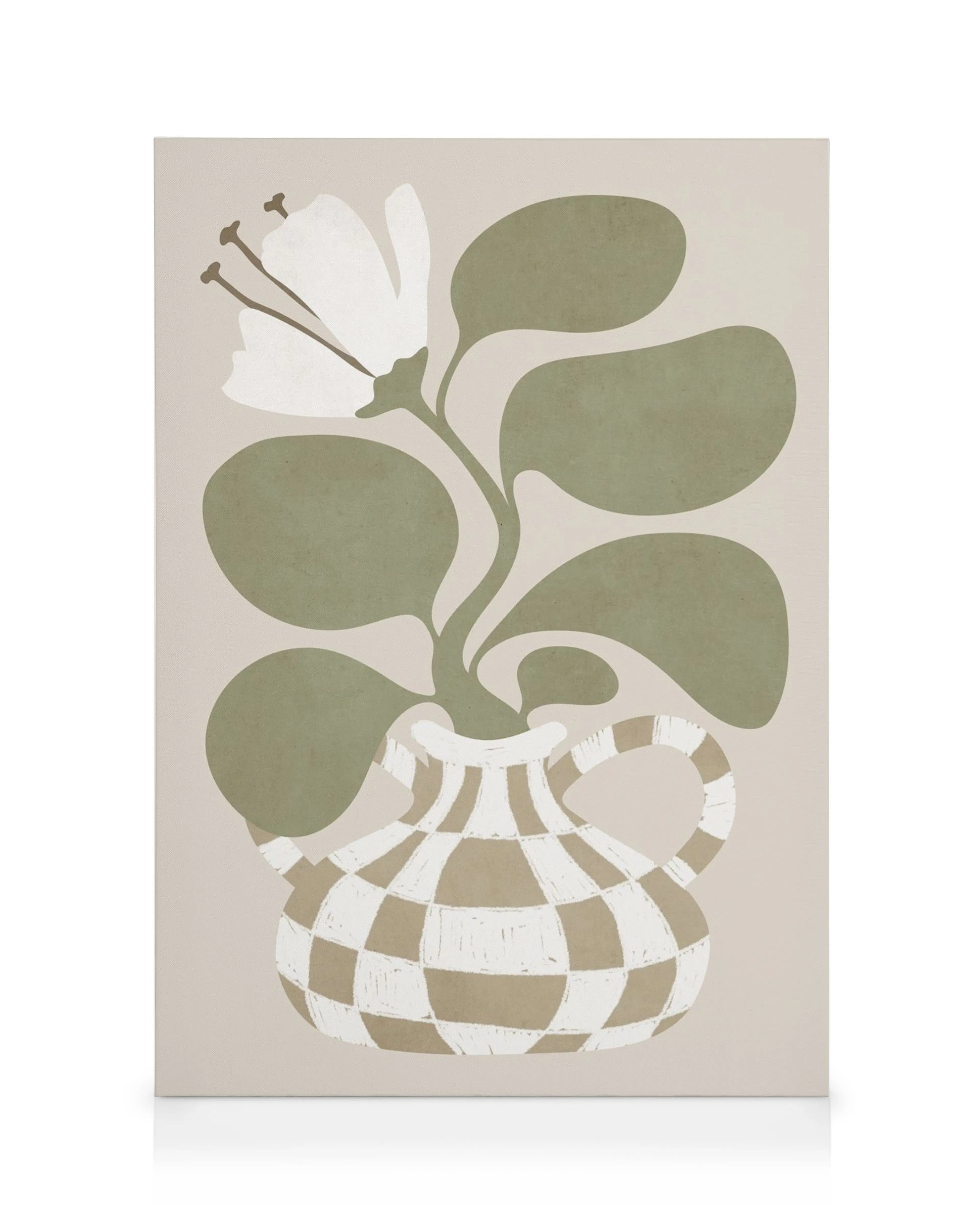 Flor estilizada con pétalos blancos, tallos marrones y hojas verdes en jarrón a cuadros sobre fondo beige. Arte de pared minimal