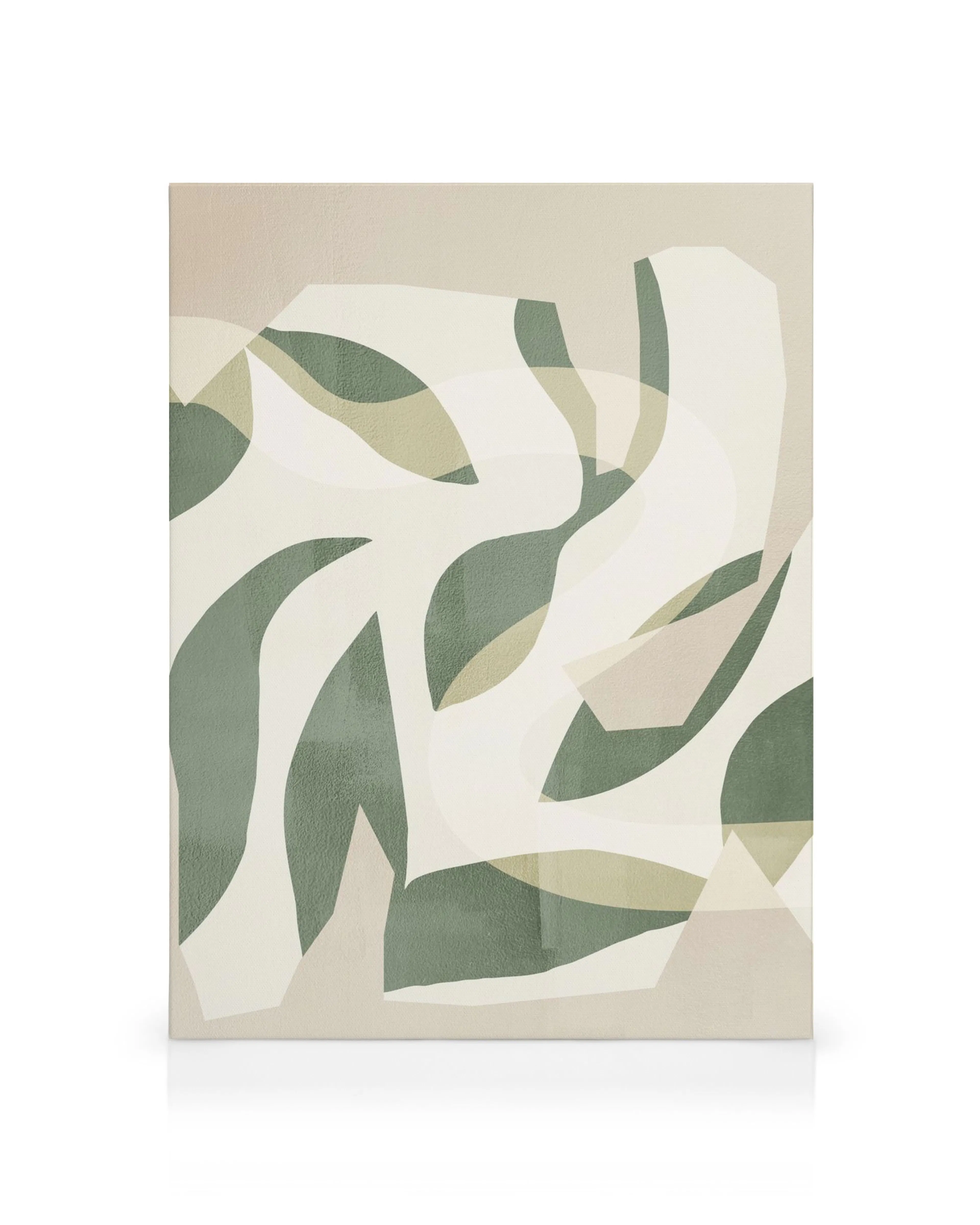 Abstract botanical canvas print with overlapping leaf shapes in soft green and beige, textured background for modern wall art.