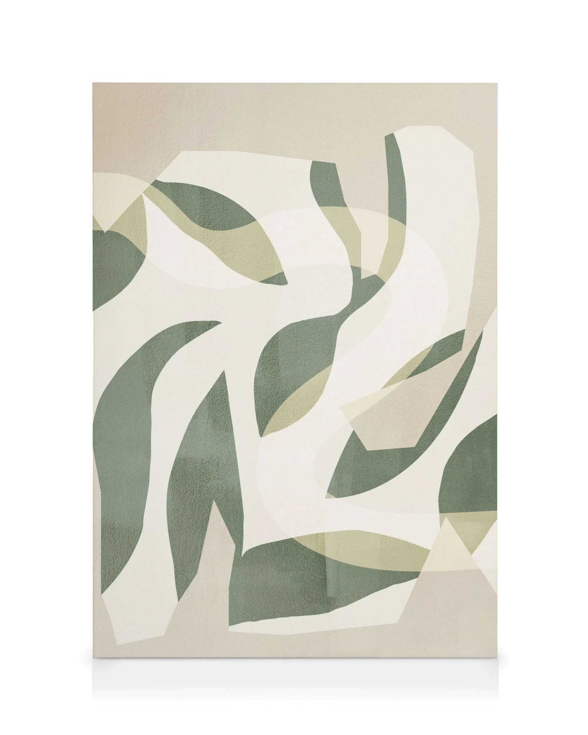 Arte botânica abstrata com formas de folhas em tons de verde e bege, sobrepostas em fundo texturizado.