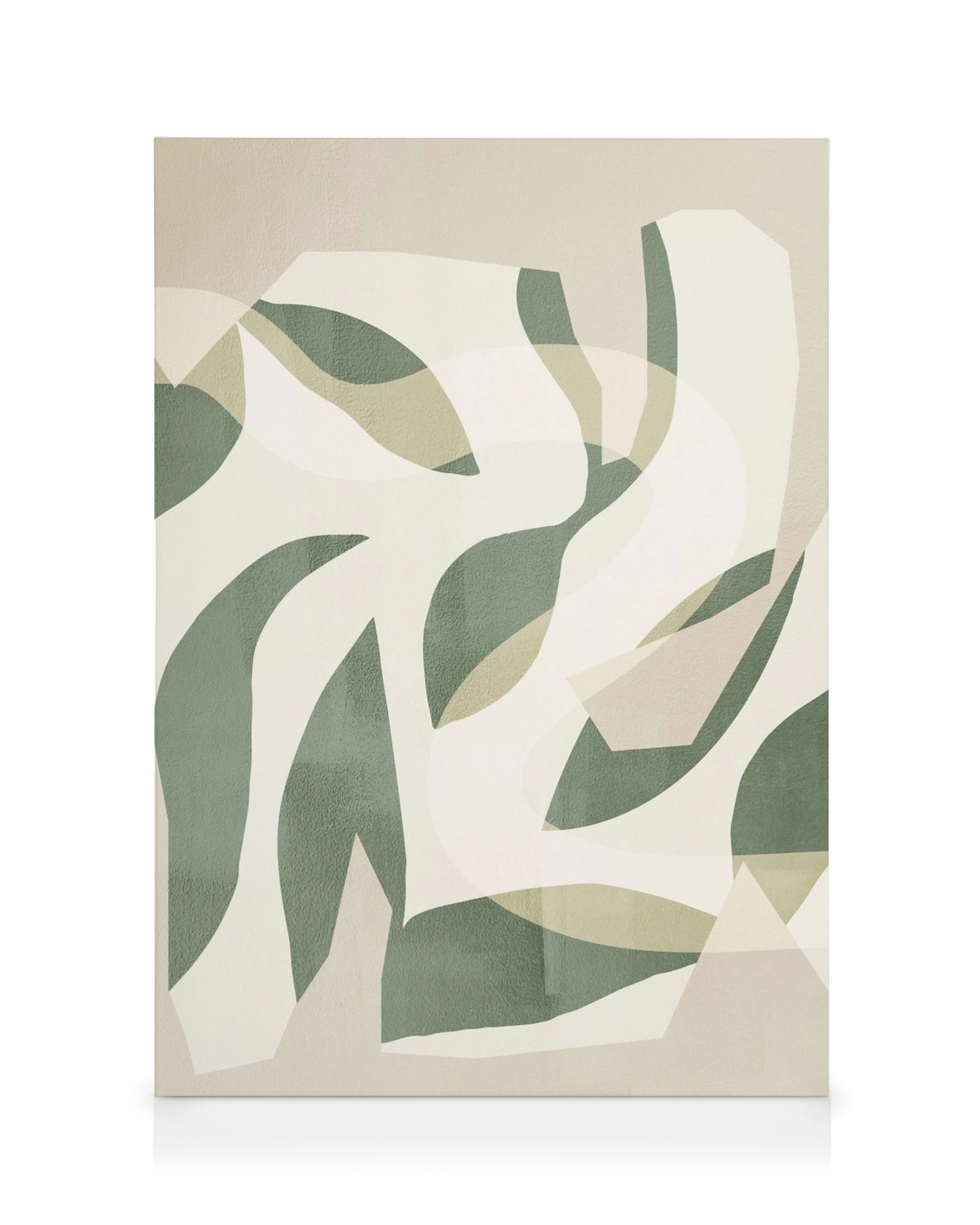 Arte botânica abstrata com formas de folhas em tons de verde e bege, sobrepostas em fundo texturizado.