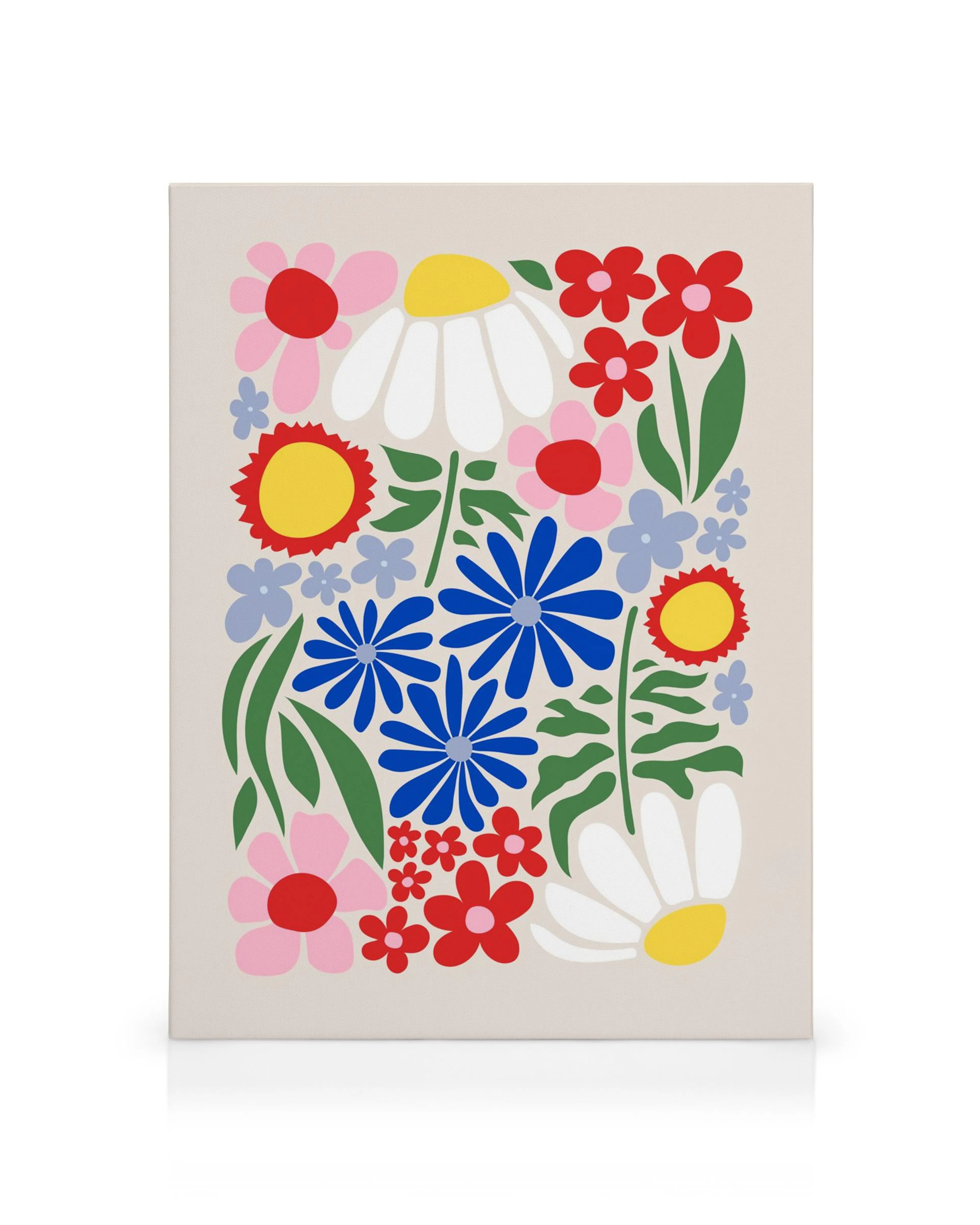 Vibrant Flower Power canvas print, featuring colorful floral patterns with daisies, sunflowers, and blue flowers.
