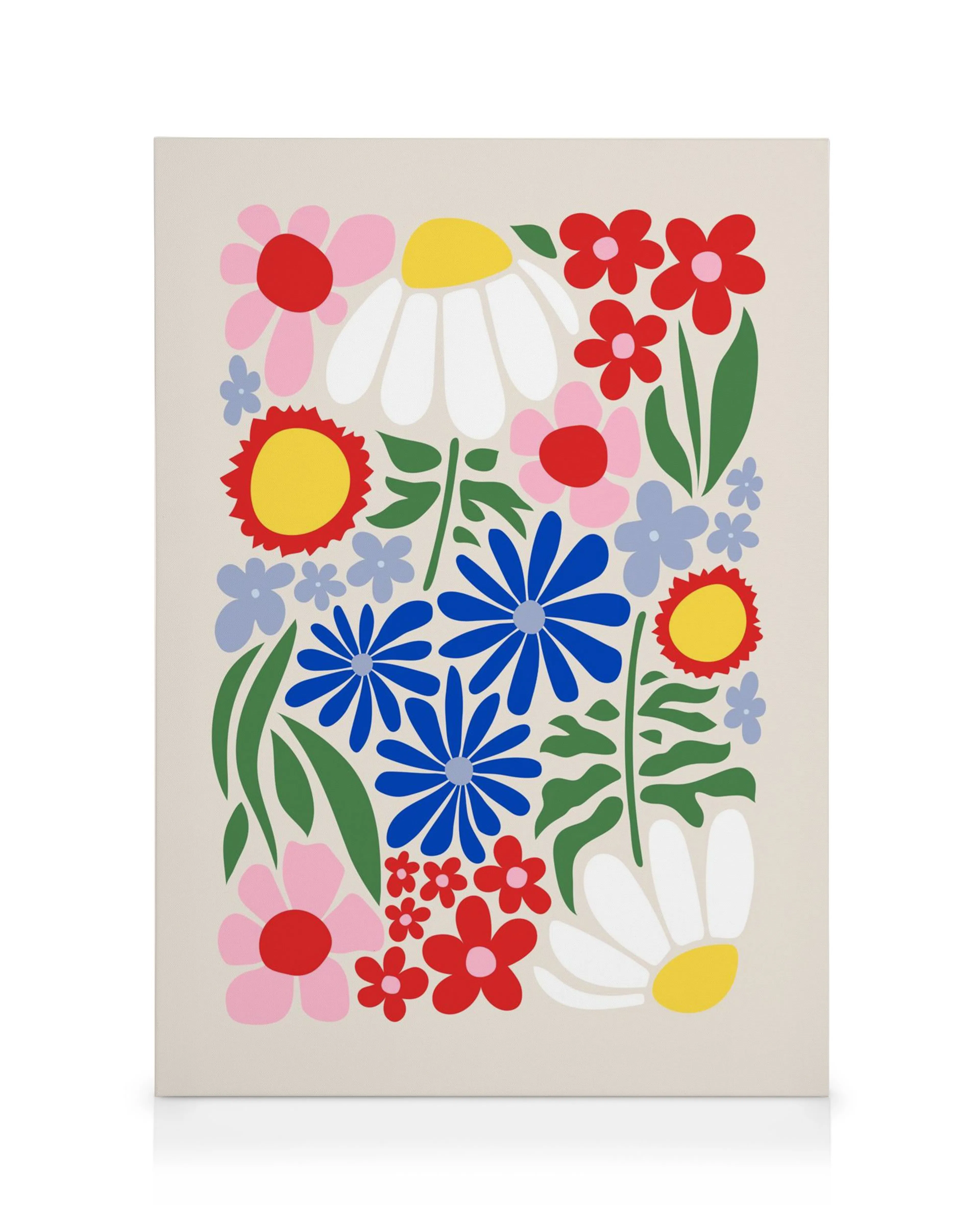 Leinwandbild Flower Power: bunte, stilisierte Blumenmuster in Rot, Rosa, Blau, Weiß und Gelb auf hellem Hintergrund.