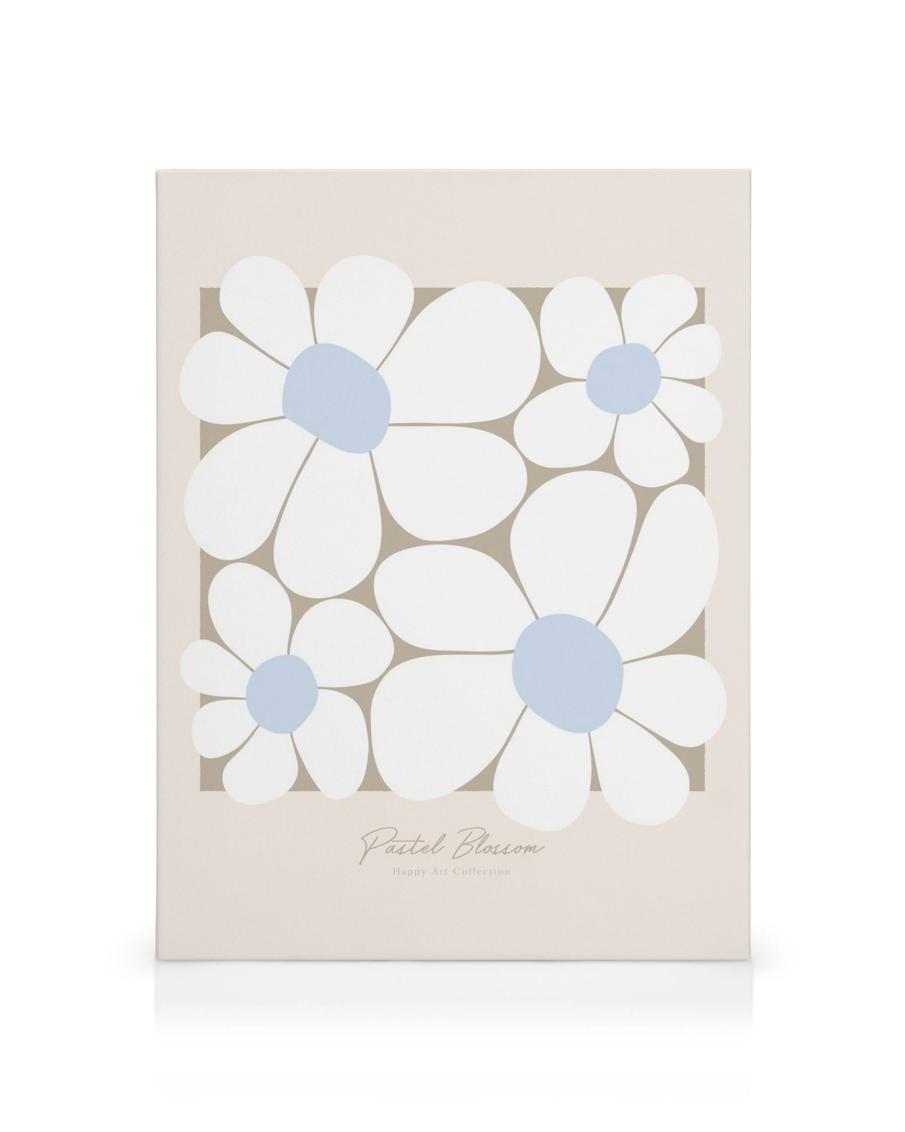 Pastel Blossom canvas print: Flat surface artwork of white blossoms with light blue centers and tan background.