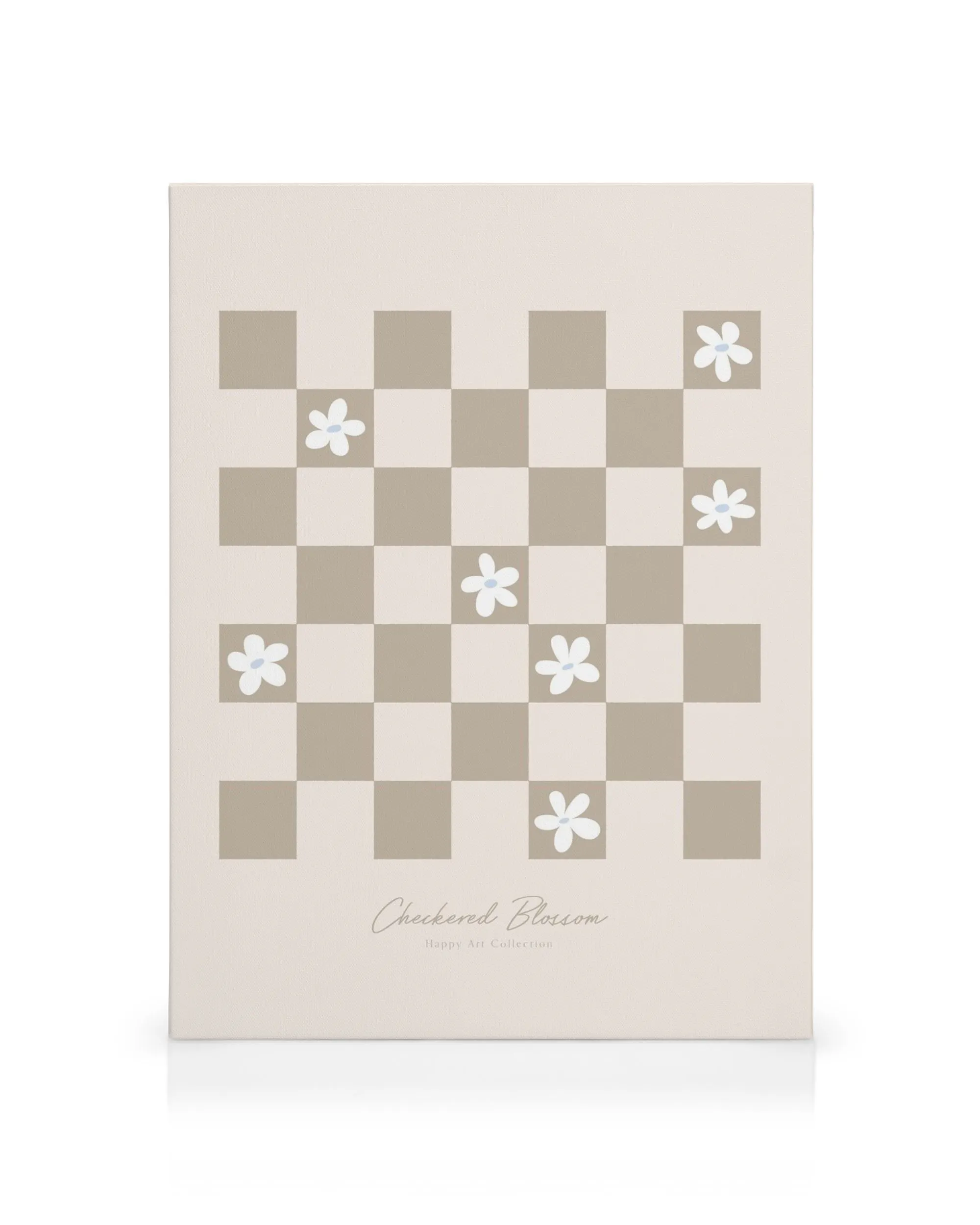 Skakternet mønster i beige og hvidt med hvide blomster, der har lyseblå centre, på et Checkered Blossom lærred.