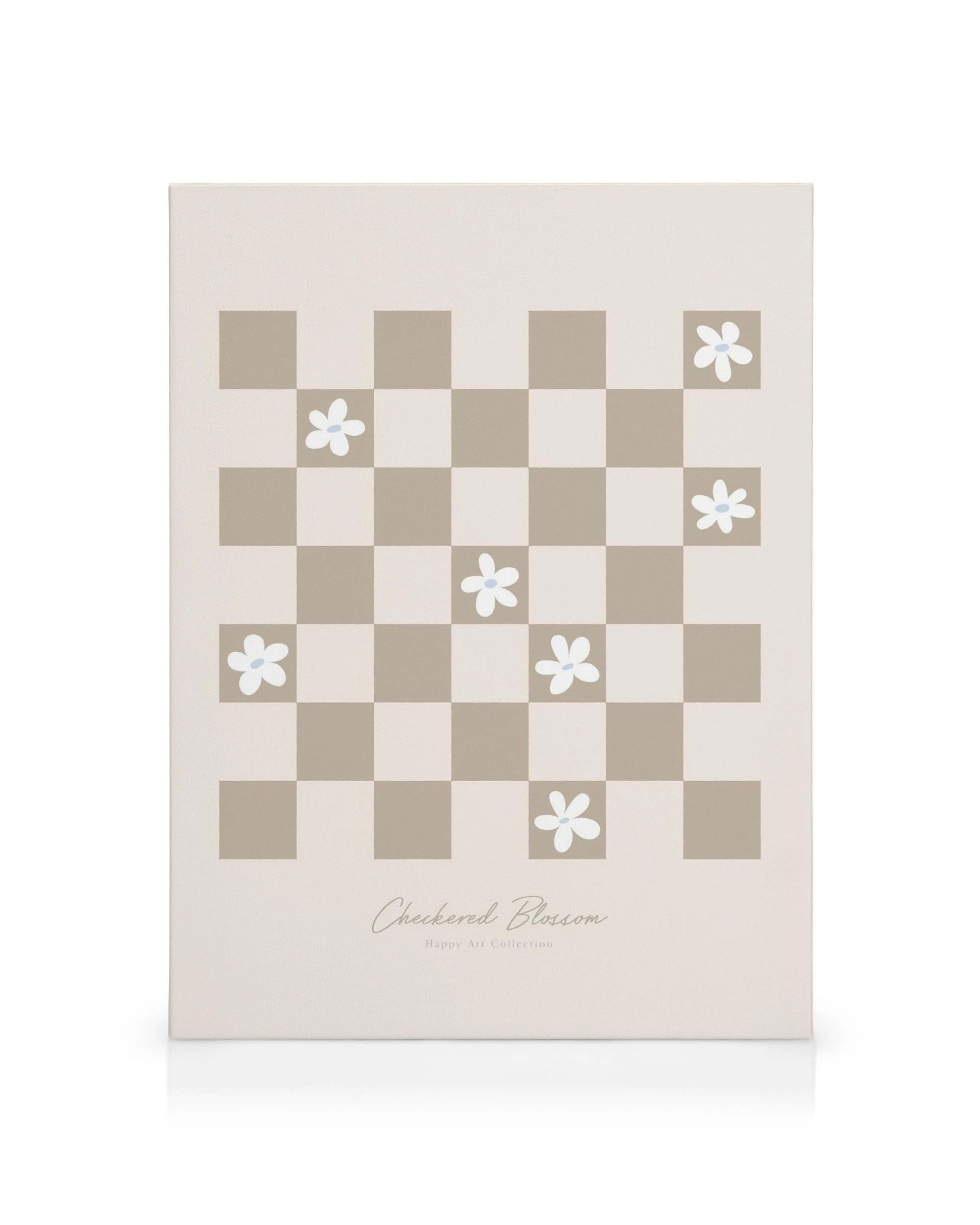 Beige and light brown checkered pattern with white flowers, Checkered Blossom canvas print.