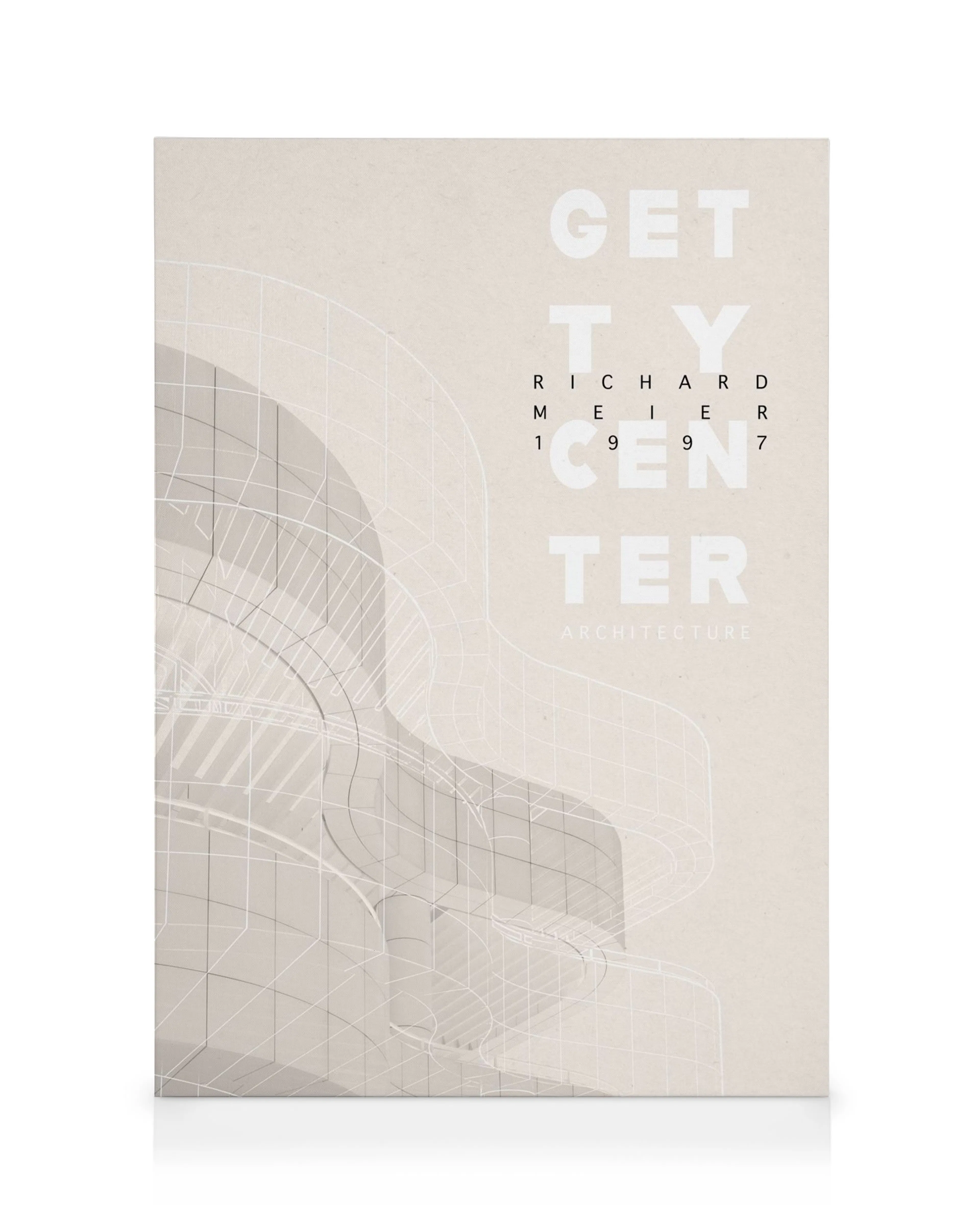 Abstrakt Getty Center-poster med vita linjer, beige och grå former. Texten Getty Center, Richard Meier 1997, Architecture ingår.