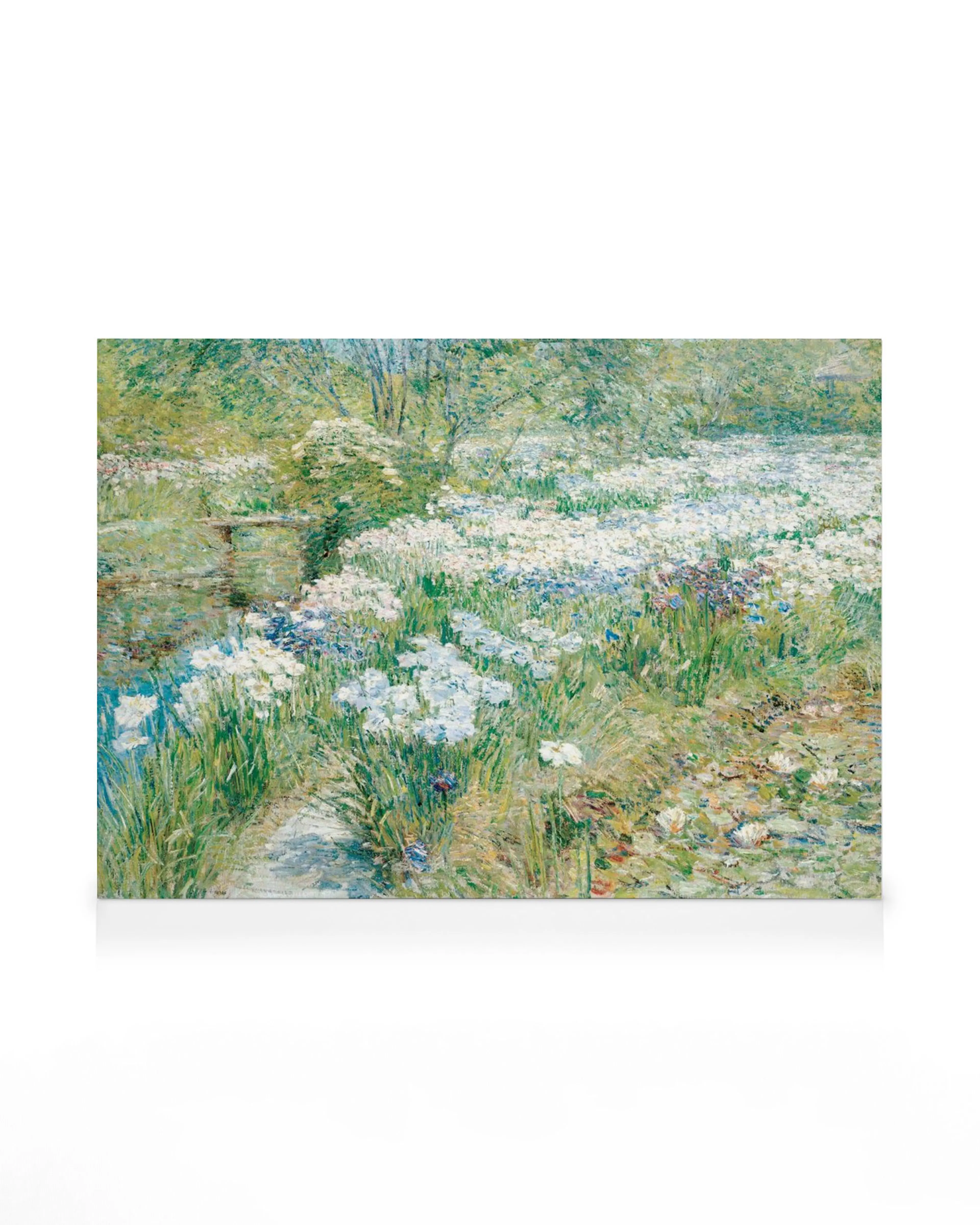 Impressionistisches Ölgemälde vom Wassergarten, blühende Iris- und Seerosen, üppiges Grün, blauer Himmel.