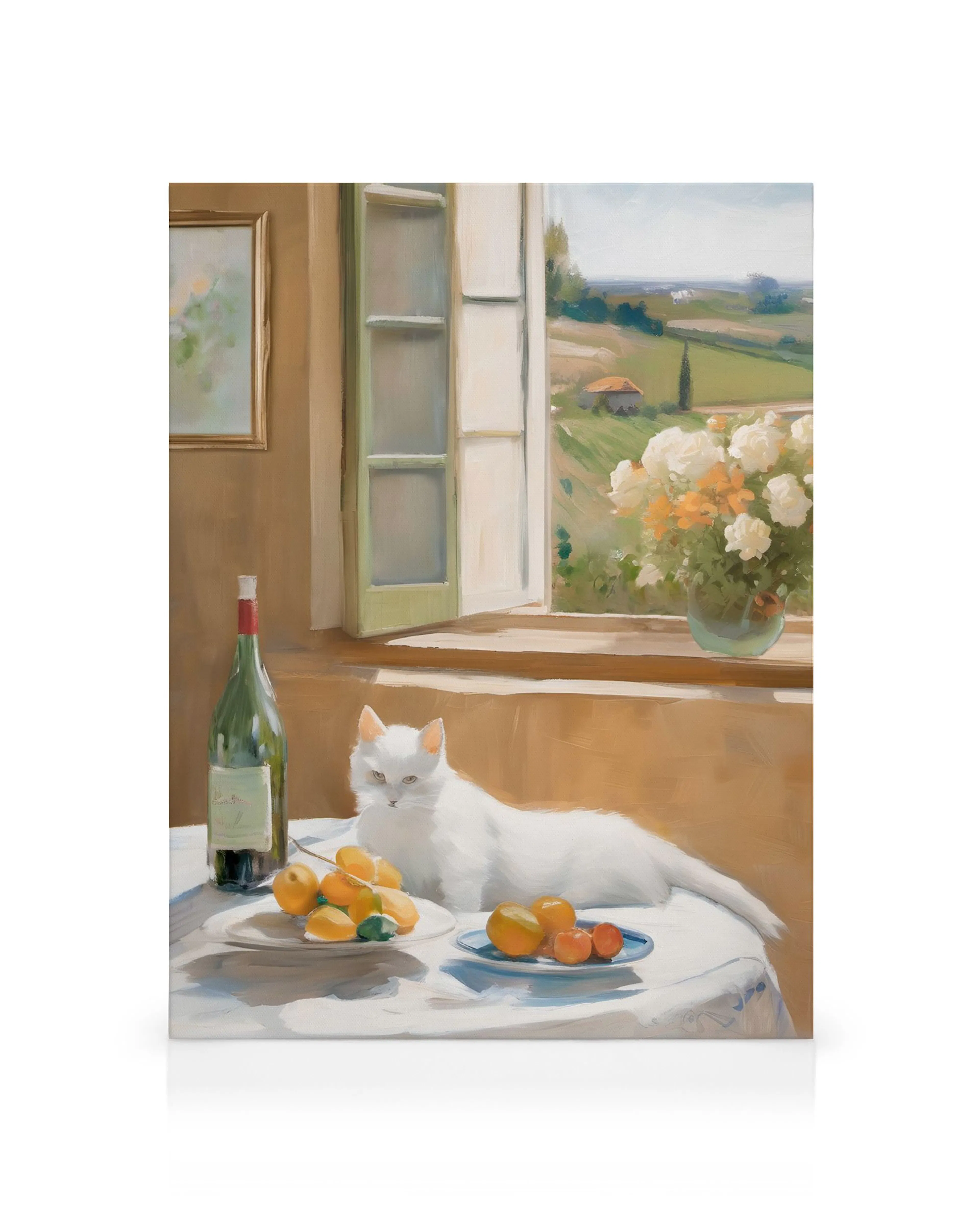 Still life canvas with a white cat, wine bottle, and fruit on a table next to an open window overlooking a countryside landscape