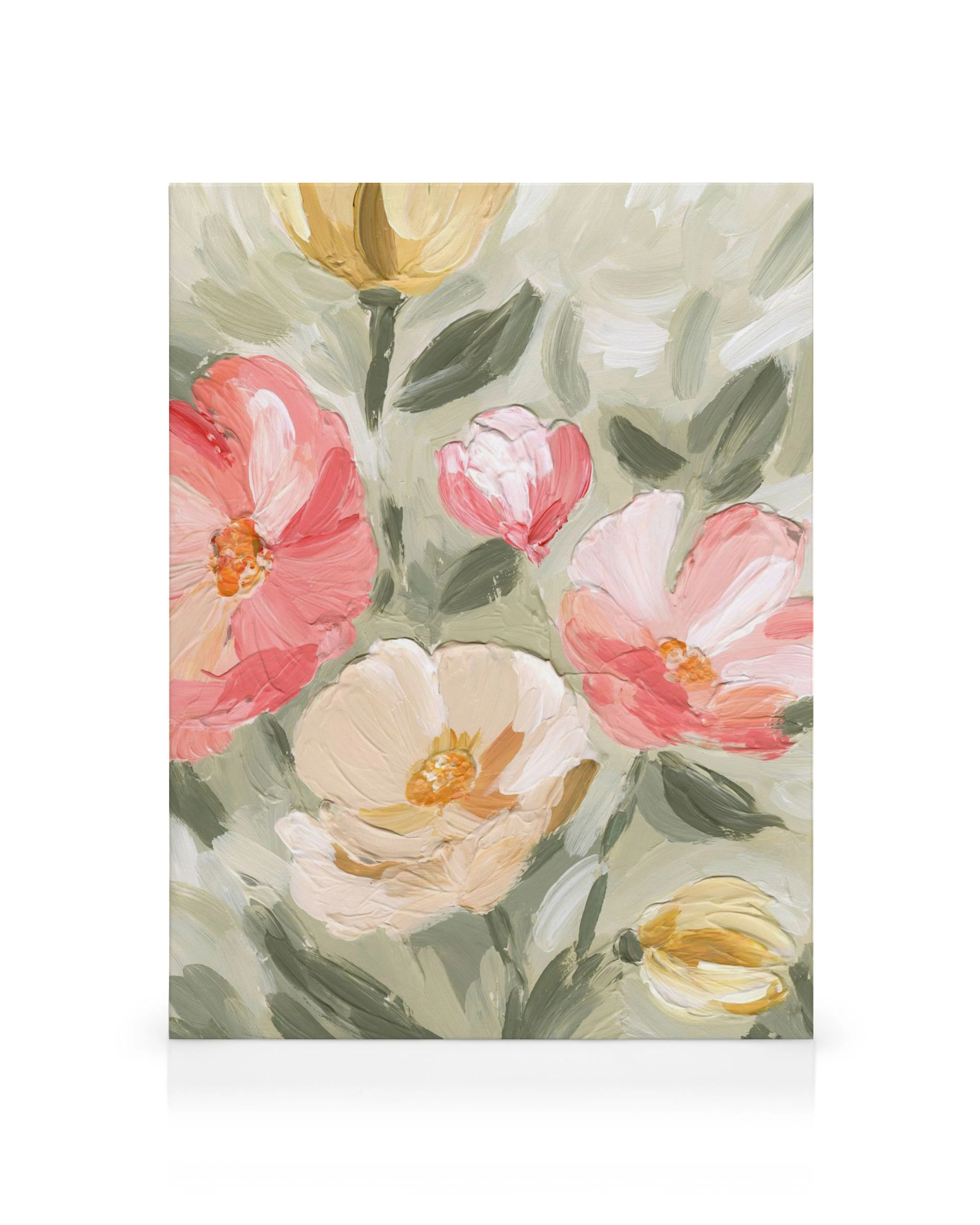Painted Blossom No1 canvas: Hand-painted pink and yellow flowers with green leaves on a soft light green and white background.